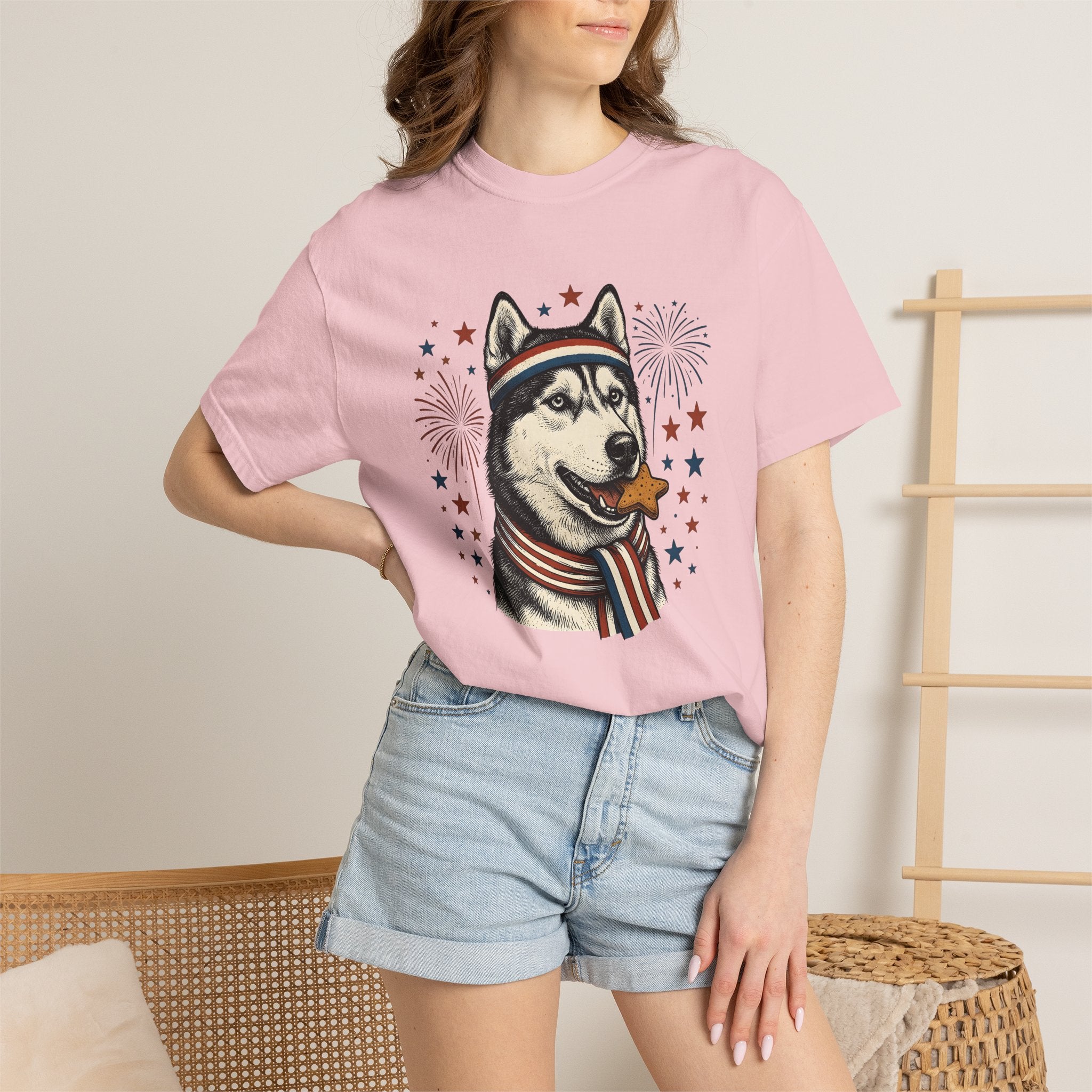 Husky Dog Shirt Dog Patriotic Gift Women Vintage Tee Siberian Husky T-Shirt Dog Fan Husky Graphic Tshirt American Graphic Illustration Star