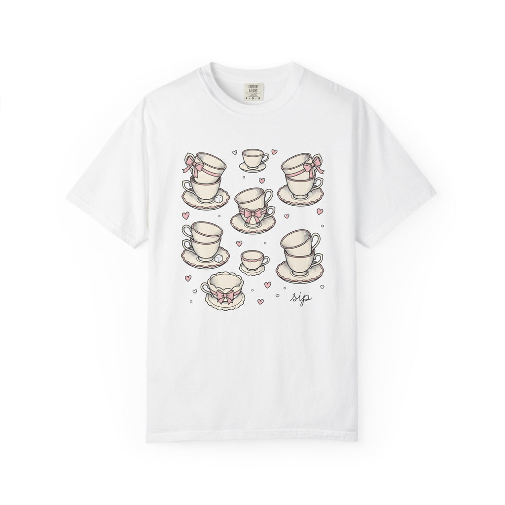 Tea Cups Shirt Coffee Tea Gift Women Kawaii Tee Teacup T-Shirt Coffee Fan Tea Mug Graphic Vintage Bows Tshirt