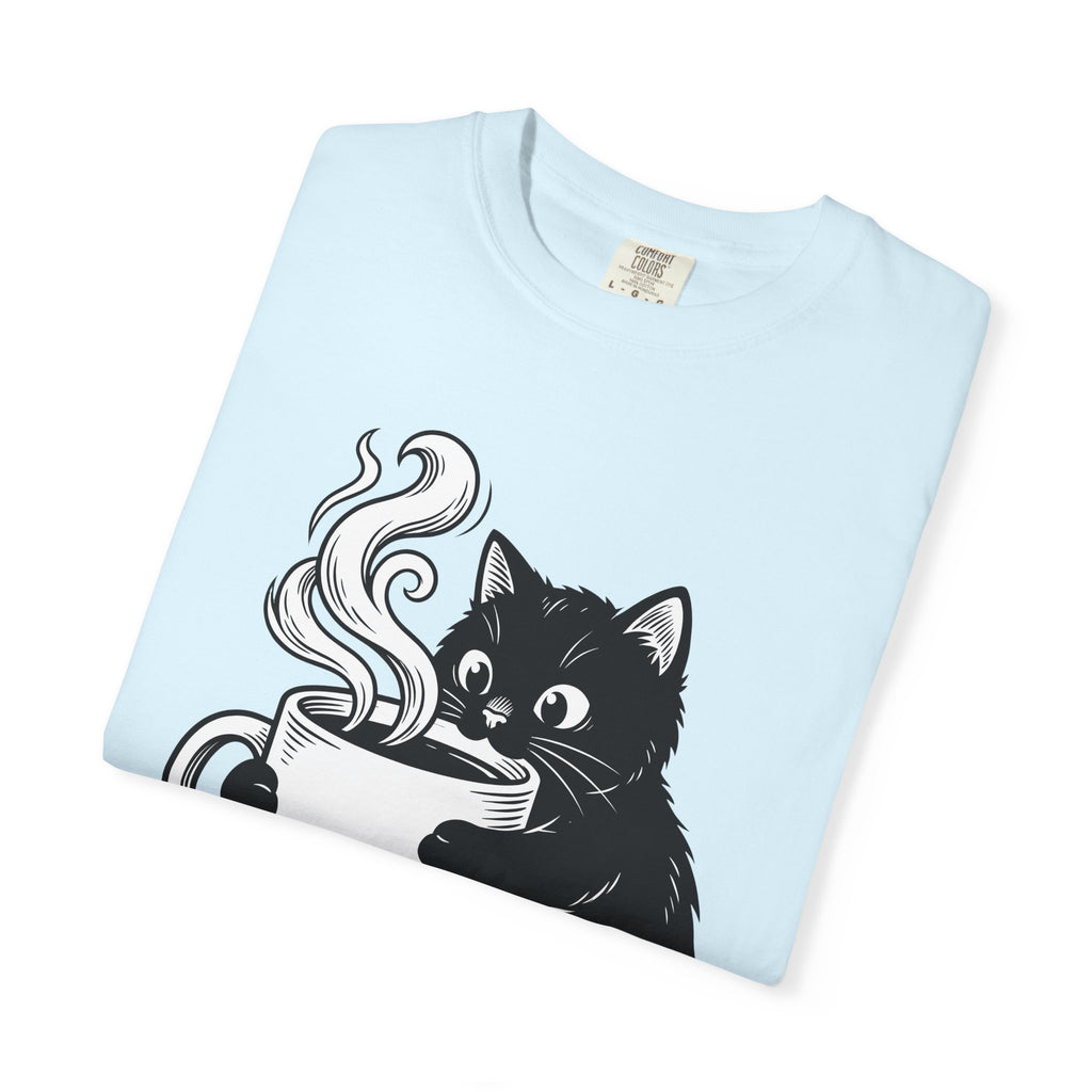 Black Feline Mug Shirt Cat Cappuccino Gift Women Cartoon Tee Cat T-Shirt Cat Fan Kitten Tshirt Coffee Graphic Hand Drawn Hot Steam Tshirt