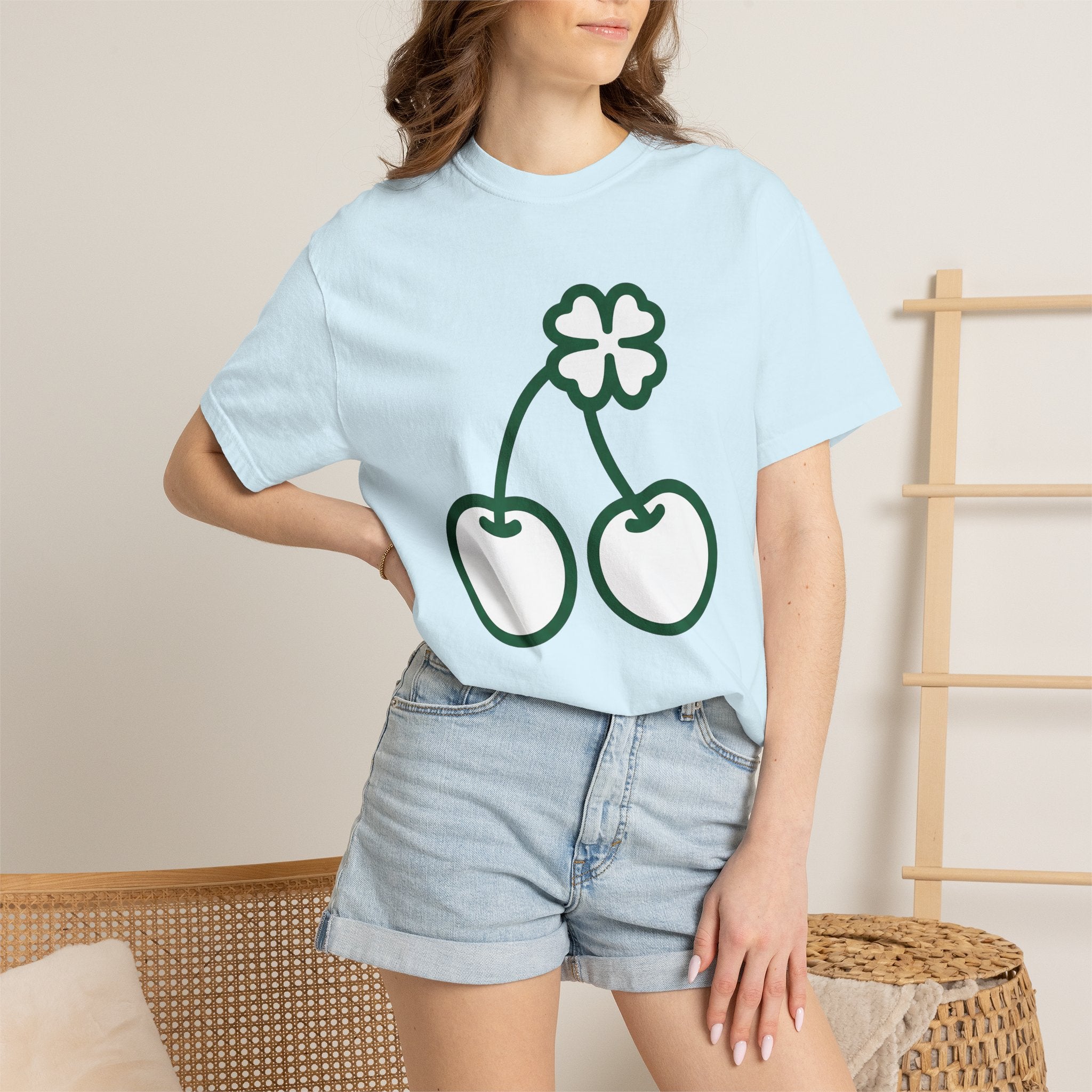 Clover Cherry Shirt St. Patrick's Day Talisman Gift Women Basic Tee Cherry T-Shirt Luck Fan Simple Tshirt Amulet Graphic Sketch Lucky Leaf