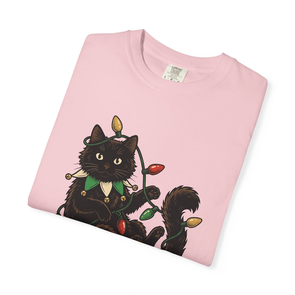 Black Cat Shirt Christmas Pet Gift Women Vintage Tee Cat T-Shirt Xmas Fan Retro Tshirt Animal Graphic Hand Drawn Christmas Lights Tshirt