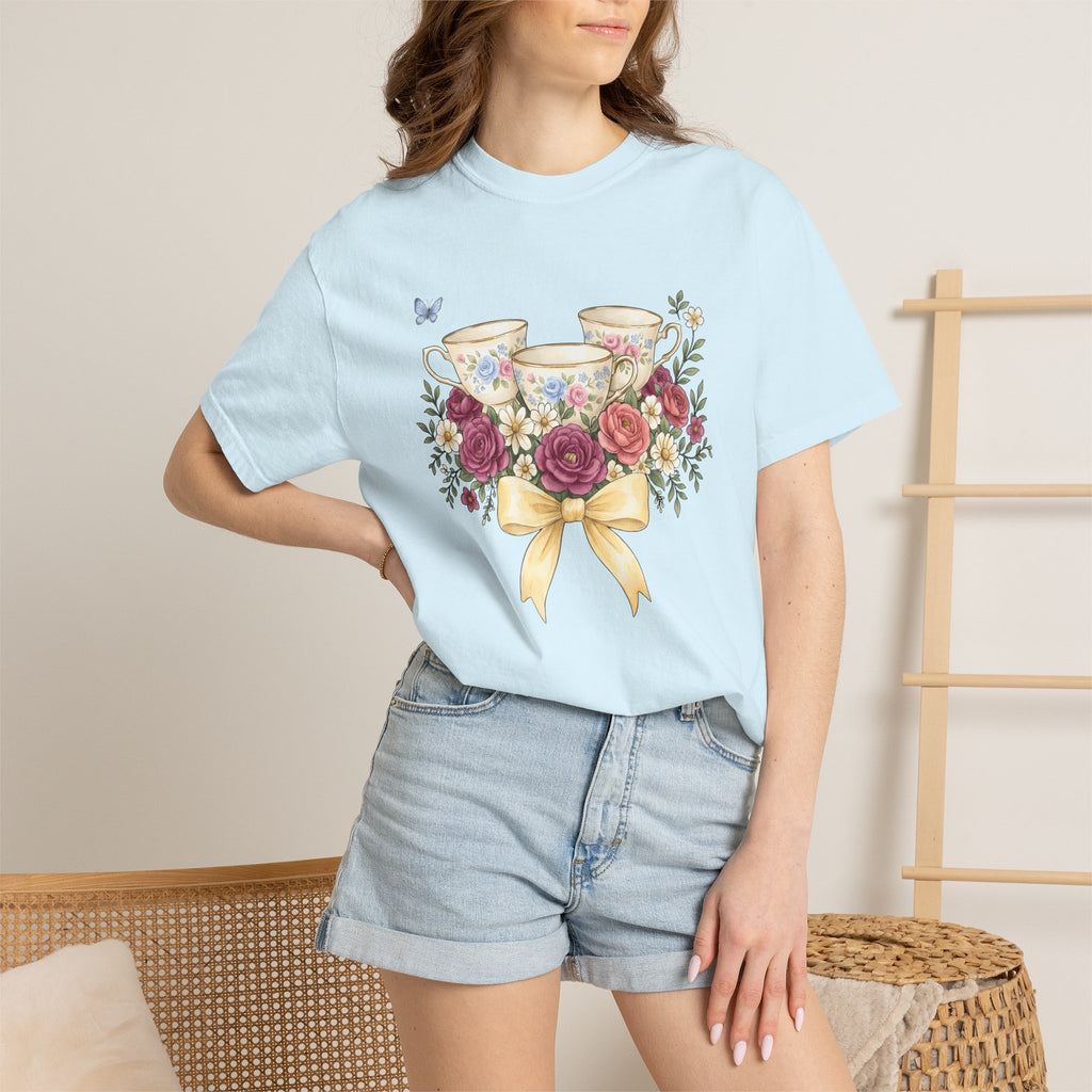 Flower Tea Cups Shirt Easter Blossoms Gift Women Paint Tee Teacup T-Shirt Spring Fan Artistic Tshirt Floral Graphic Retro Ribbon Tshirt