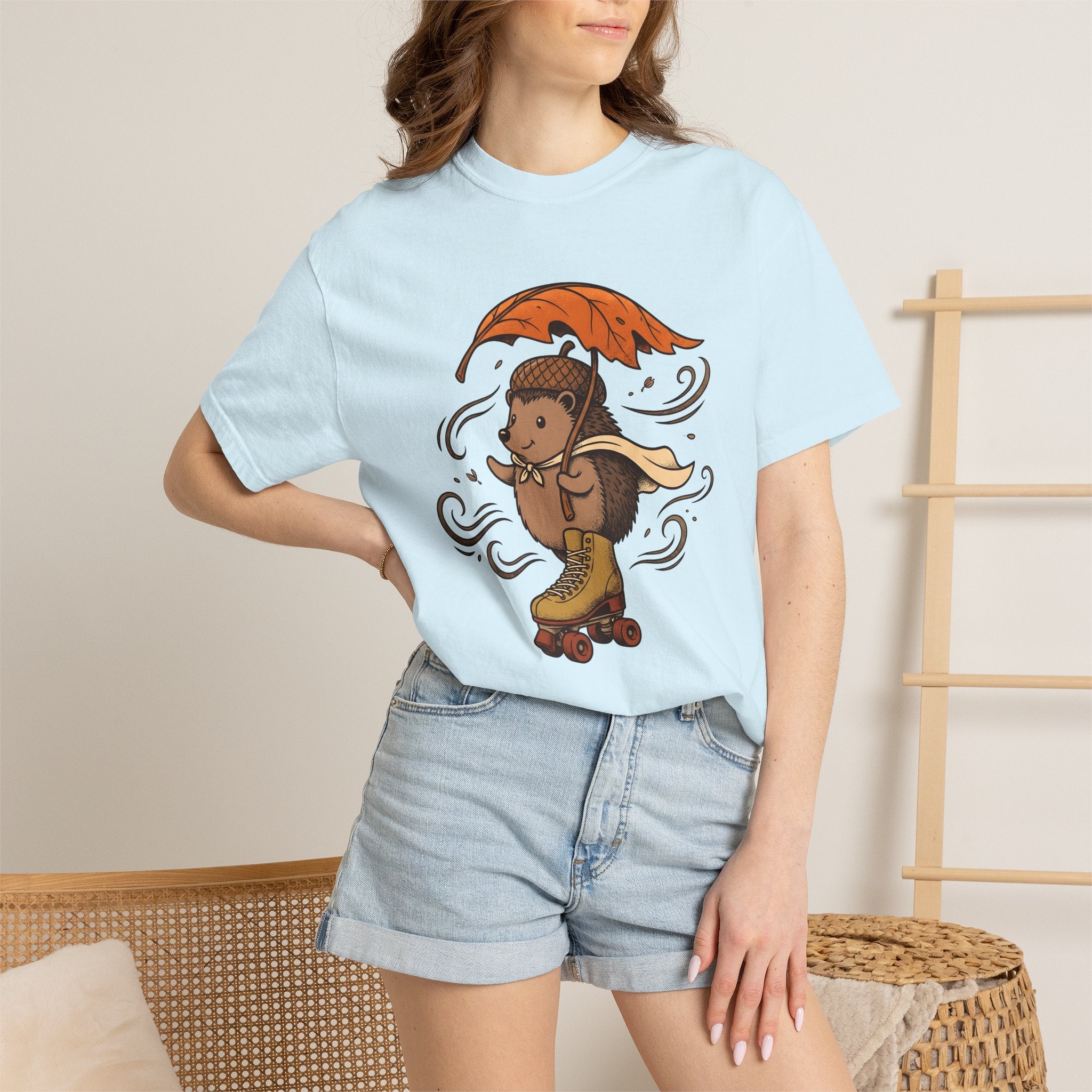 Spiny Hedgehog Skate Shirt Animals Foliage Gift Women Lovable Tee Hedgehog T-Shirt Wildlife Fan Cute Tshirt Foliage Graphic Sketch Leaf