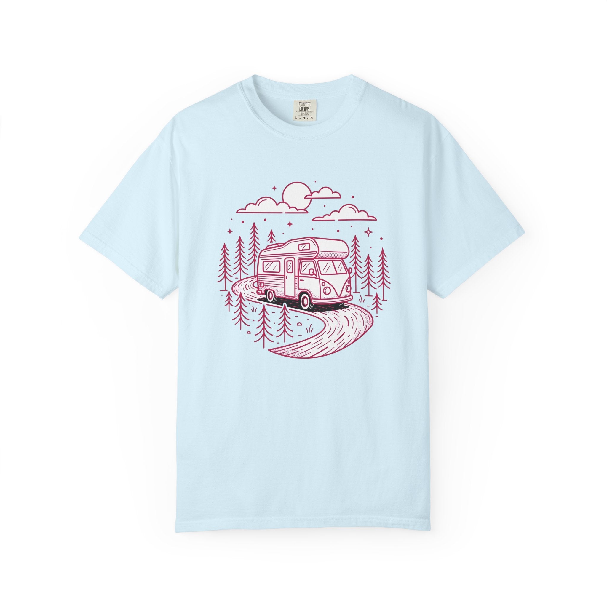 Camper Van Shirt Camping Adventure Gift Women Line Art Tee Motorhome T-Shirt Camper Fan Minimalist Tshirt Explorer Graphic Retro Pine Trees