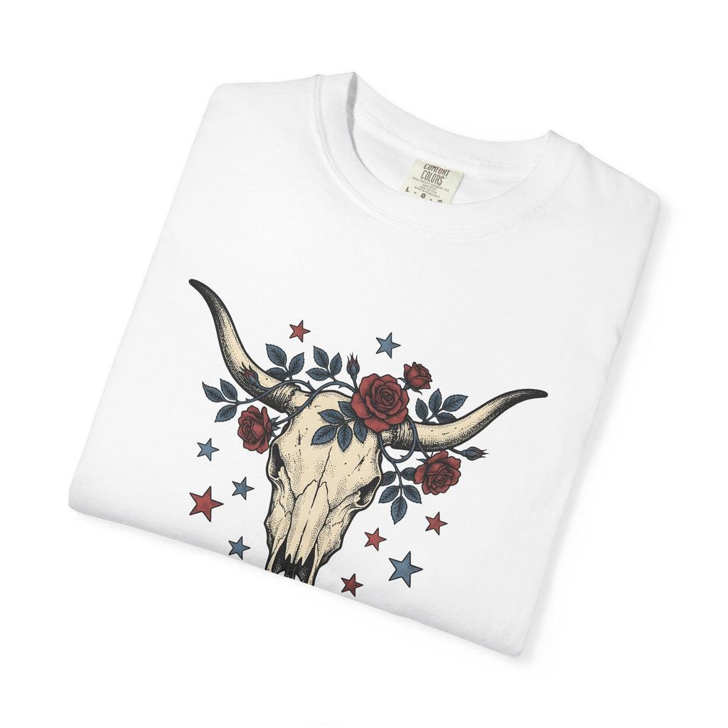 Cow Skull Shirt America Western Gift Women Tattoo Tee Bull Skull T-Shirt American Fan Ink Tshirt Rodeo Graphic Vintage Red Roses Tshirt