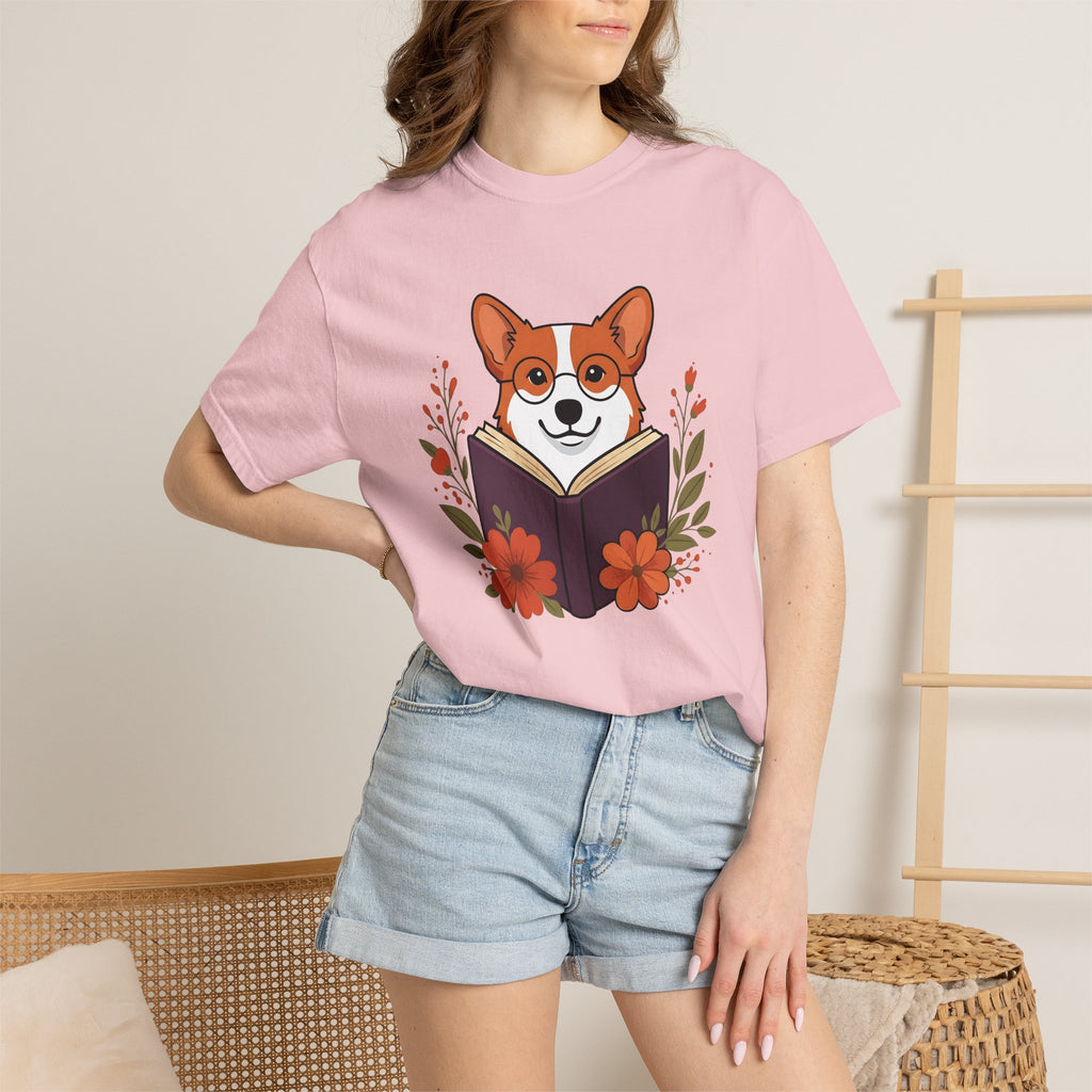 Corgi Pet Book Shirt Dog Literature Gift Women Illustration Tee Bookworm T-Shirt Dog Fan Artistic Tshirt Bibliophile Graphic Doodle Blossoms