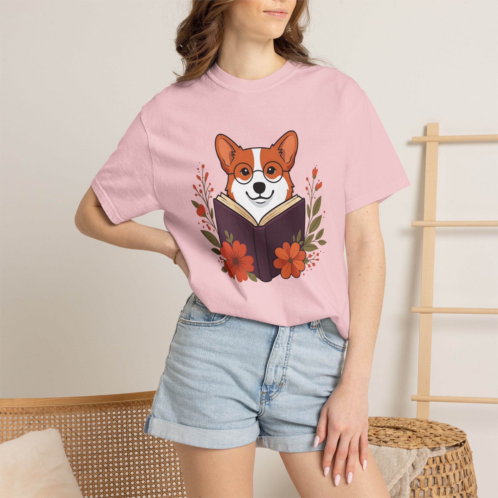 Corgi Pet Book Shirt Dog Literature Gift Women Illustration Tee Bookworm T-Shirt Dog Fan Artistic Tshirt Bibliophile Graphic Doodle Blossoms