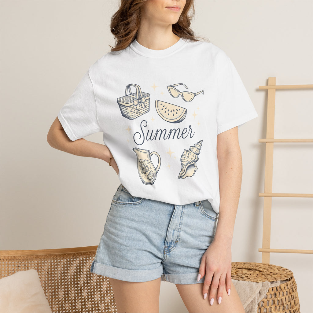 Summer Signs Shirt Summer Getaway Gift Women Hand Drawn Tee Seasonal T-Shirt Summer Fan Illustrated Tshirt Vacation Graphic Cartoon Picnic