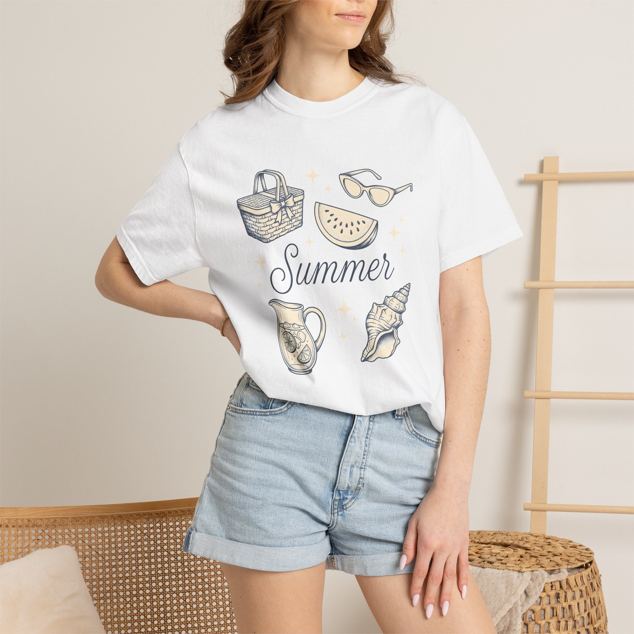 Summer Signs Shirt Summer Getaway Gift Women Hand Drawn Tee Seasonal T-Shirt Summer Fan Illustrated Tshirt Vacation Graphic Cartoon Picnic