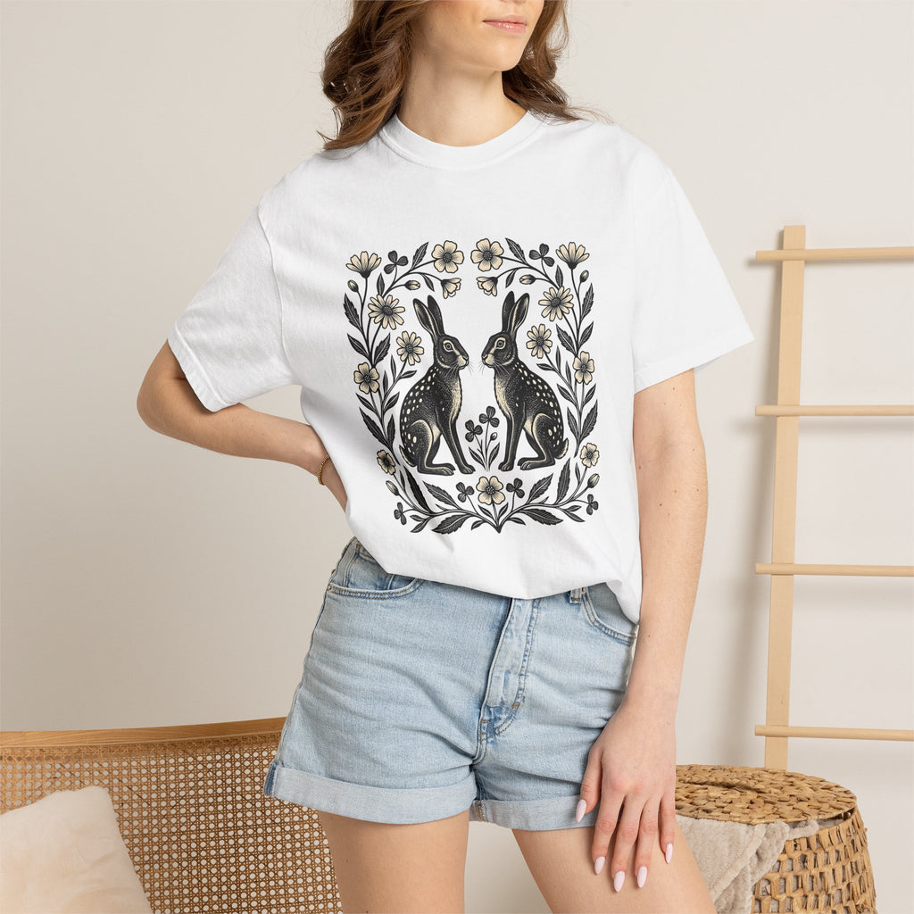 Bunny Bloom Shirt Animals & Flowers Plants Gift Women Sketch Tee Rabbit T-Shirt Floral Fan Drawing Design Primitive Field Flower Tshirt