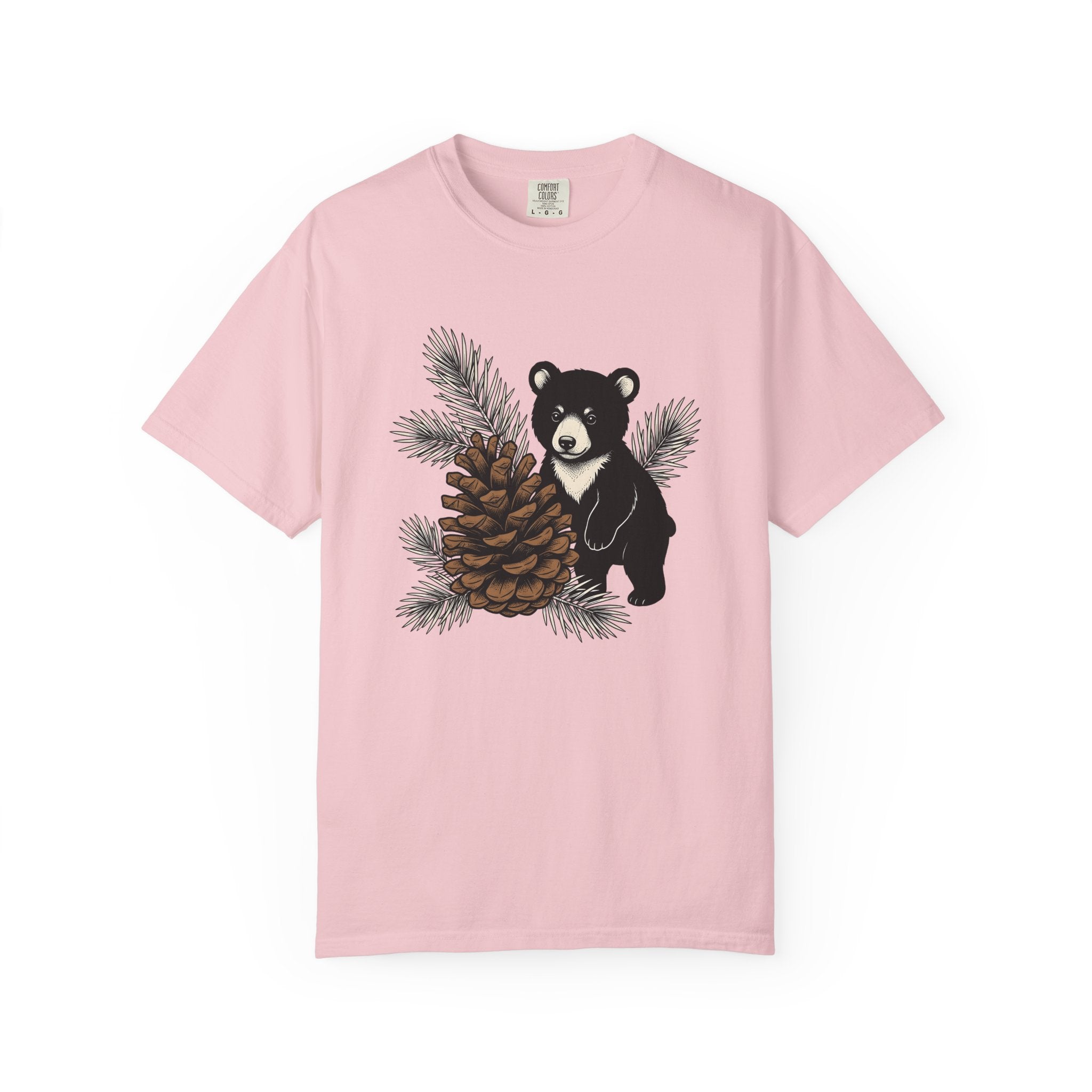 Bear Pinecone Shirt Animals Forest Gift Women Block Print Tee Teddy Bear T-Shirt Wildlife Fan Ursa Tshirt Woods Graphic Antique Pine Needle