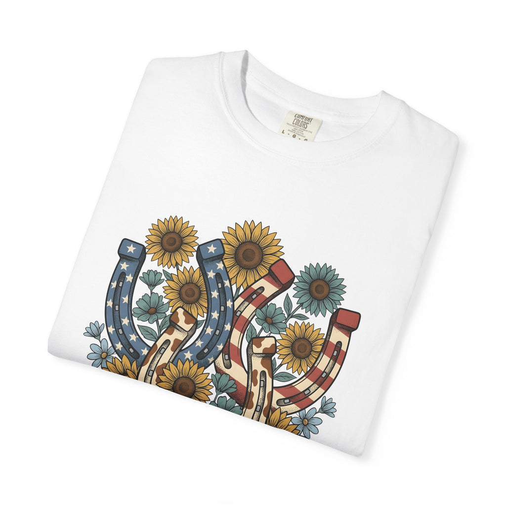 Horseshoe Sunflower Shirt America Frontier Gift Women Folk Tee Sunflower T-Shirt American Fan Folk Art Tshirt Pioneering Graphic Classic