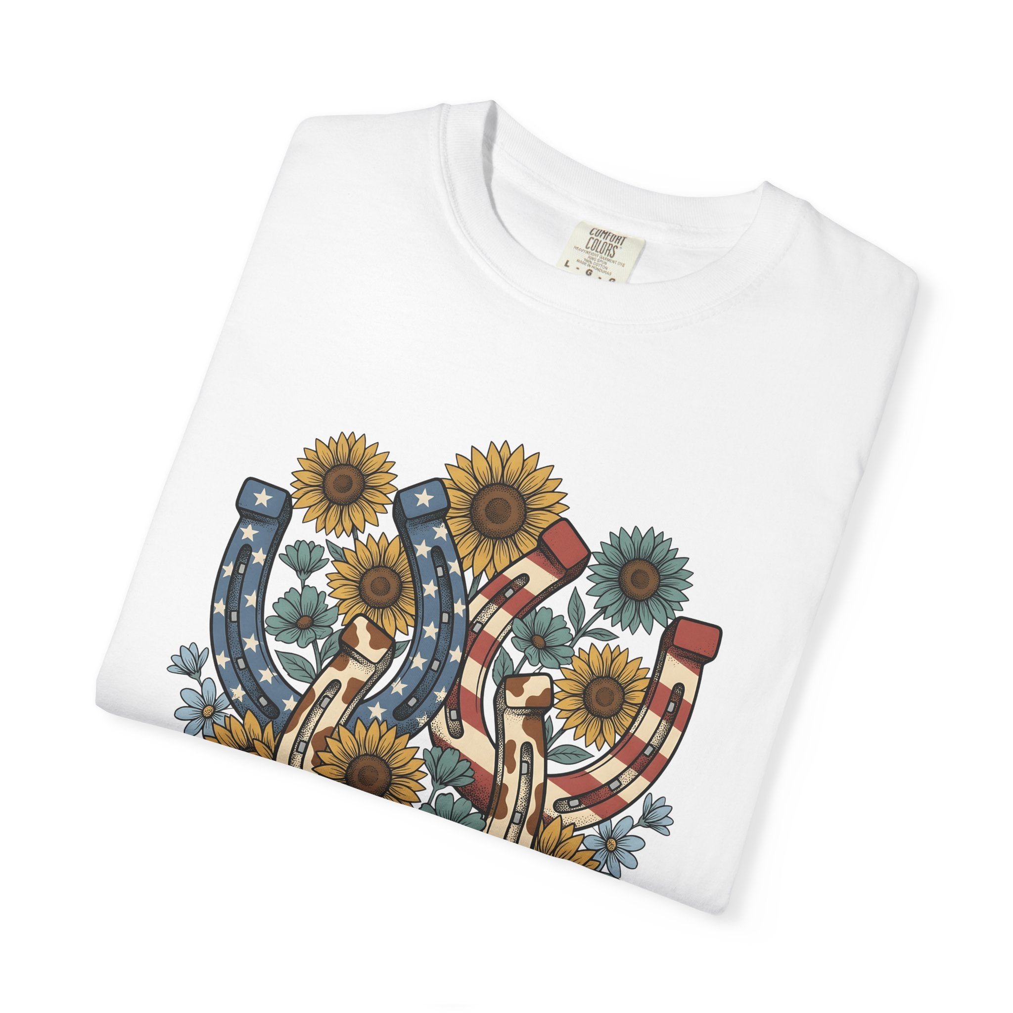 Horseshoe Sunflower Shirt America Frontier Gift Women Folk Tee Sunflower T-Shirt American Fan Folk Art Tshirt Pioneering Graphic Classic