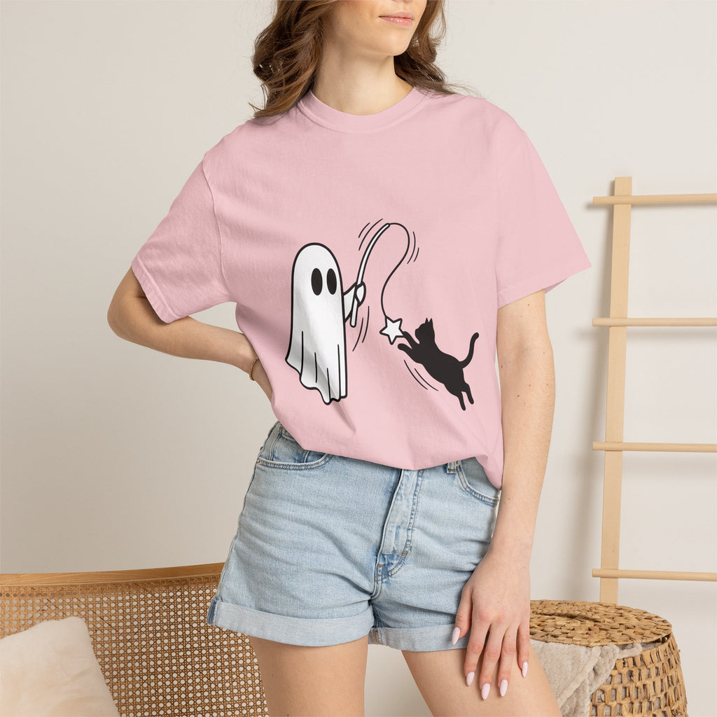 Spooky Cat Shirt Cat Holiday Gift Women Simple Tee Halloween Cat T-Shirt Cat Fan Black Cat Tshirt Holiday Graphic Comic Magic Stick Tshirt