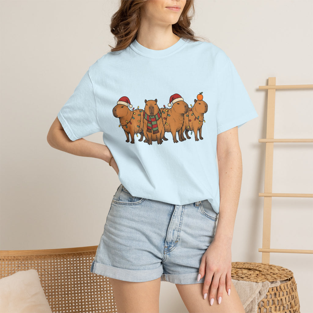 Capybara Herd Shirt Christmas Creatures Gift Women Illustration Tee Rodent T-Shirt Xmas Fan Drawing Graphic Line Art Led Lights Tshirt
