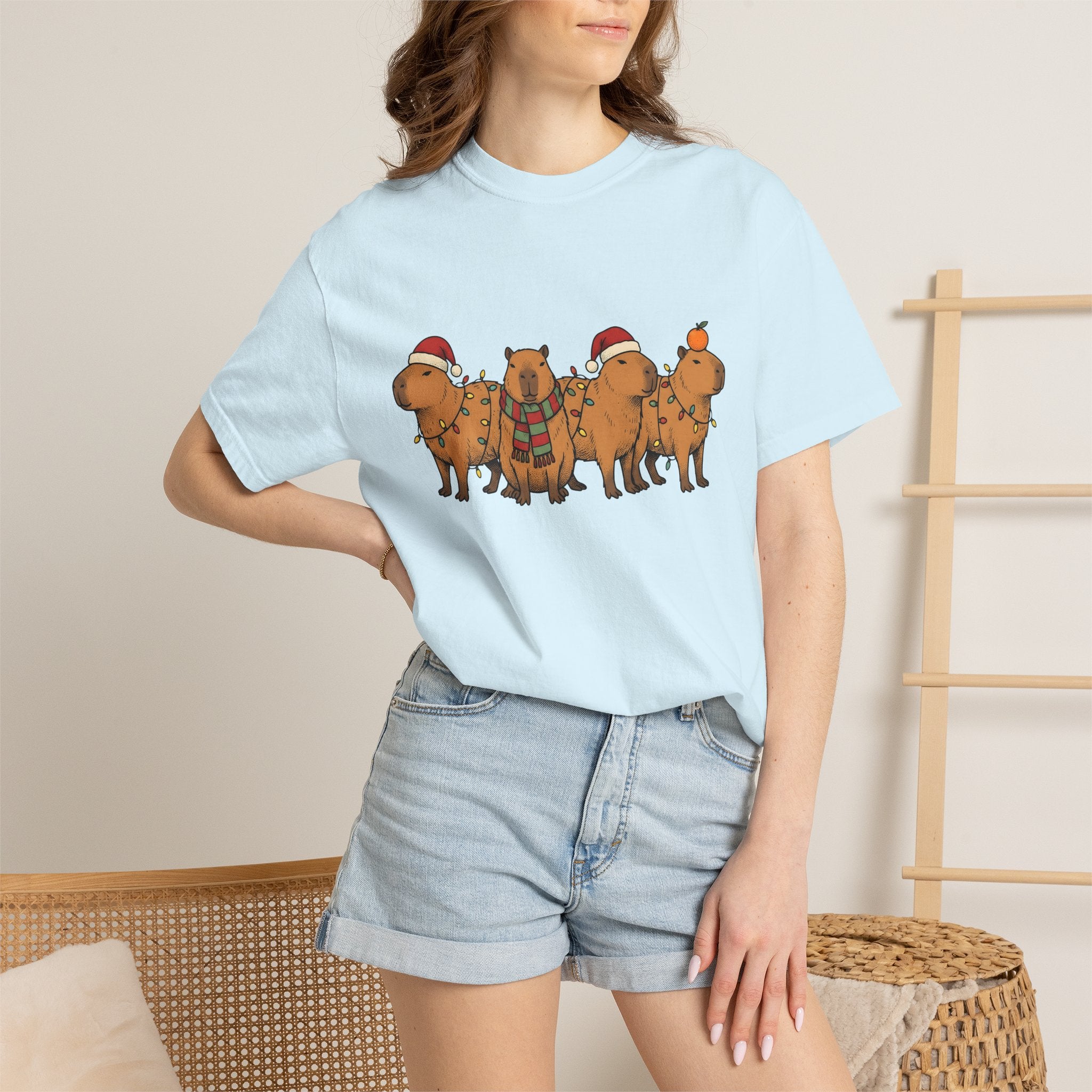 Capybara Herd Shirt Christmas Creatures Gift Women Illustration Tee Rodent T-Shirt Xmas Fan Drawing Graphic Line Art Led Lights Tshirt