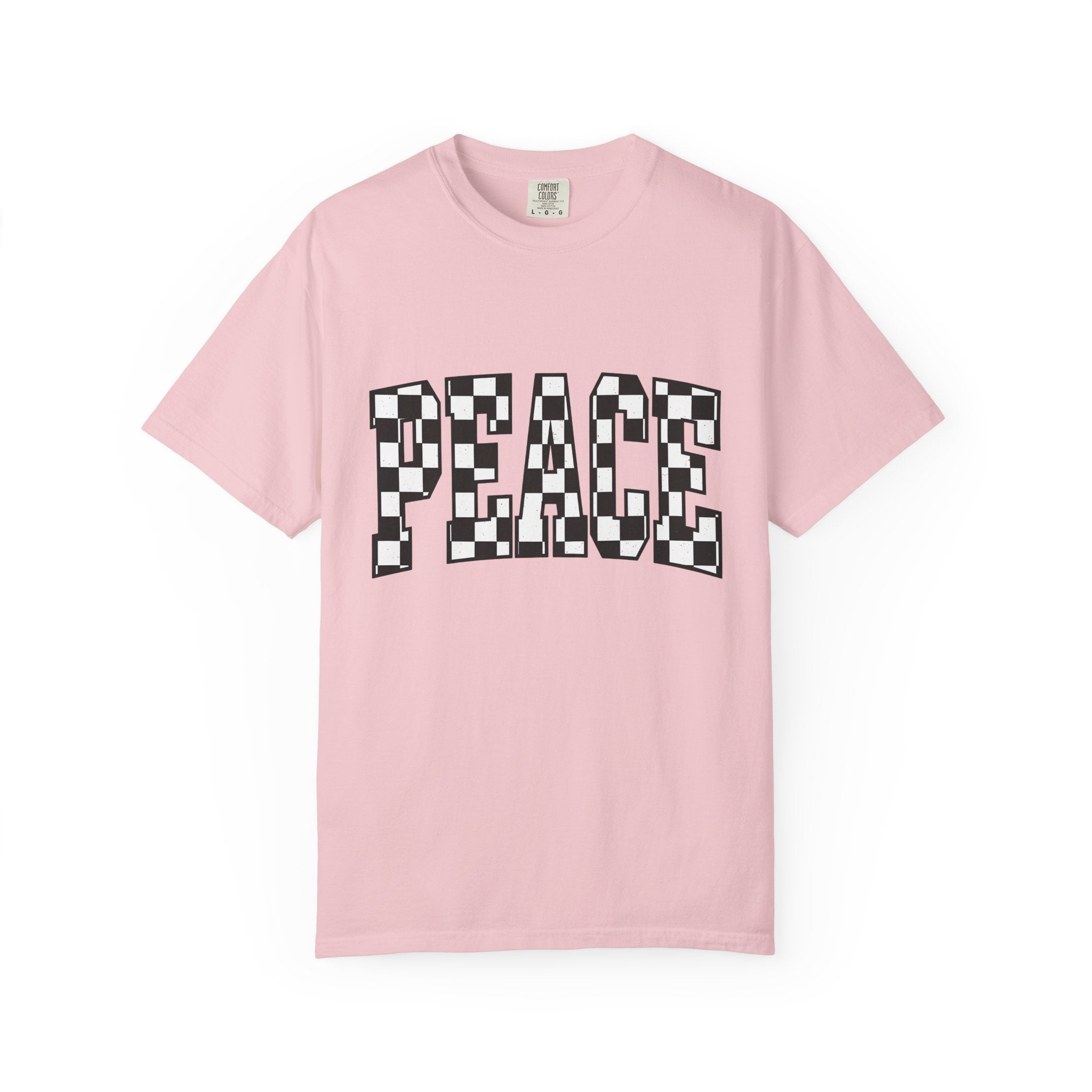 Checkered Text Shirt Peace Inspirational Gift Women Bold Tee Plaid T-Shirt Harmony Fan Graphic Design Minimalist Retro Pattern Tshirt