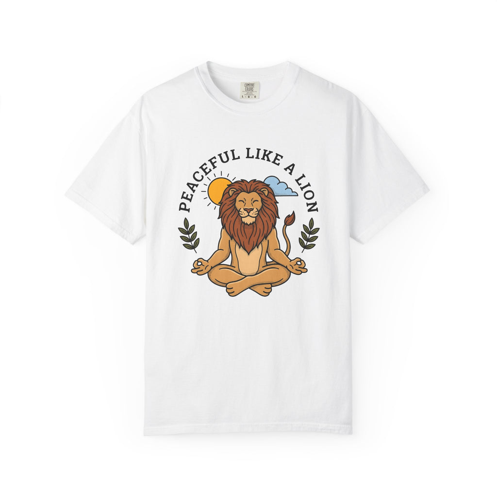 Peaceful Lion Shirt Yoga Wellness Gift Women Animated Tee Lion T-Shirt Yoga Enthusiast Cartoon Tshirt Healthy Graphic Clean Bright Sun