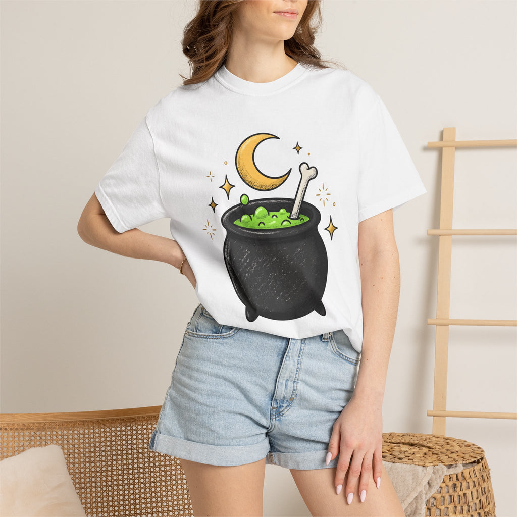 Magic Cauldron Shirt Halloween Sorcery Gift Women Animated Tee Cauldron T-Shirt Spooky Fan Cartoon Tshirt Witchcraft Graphic Doodle Lunar