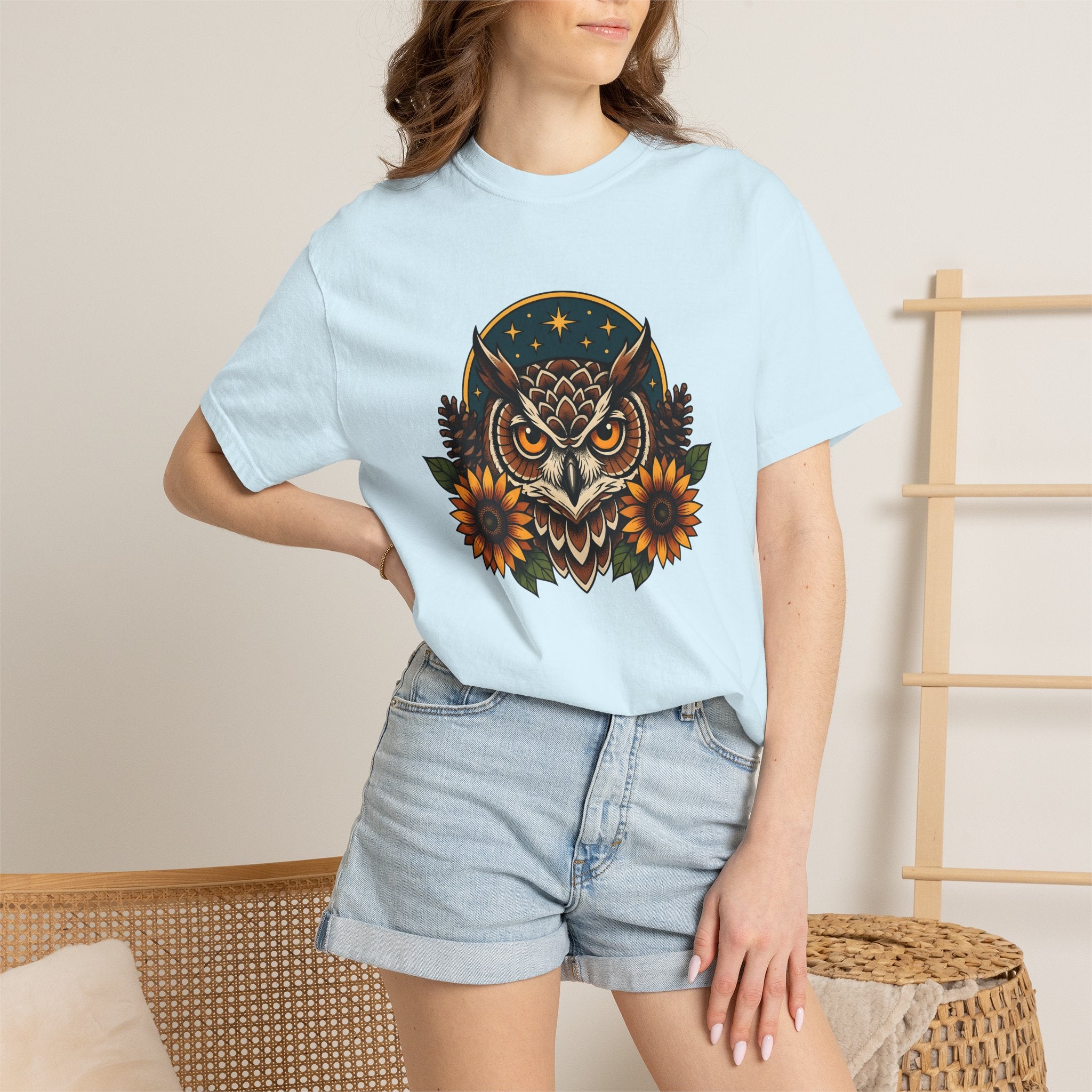 Owl Sunflower Shirt Fall Wilderness Gift Women Tribal Tee Owl T-Shirt Autumn Fan Hoot Graphic Shabby Chic Pinecone Tshirt