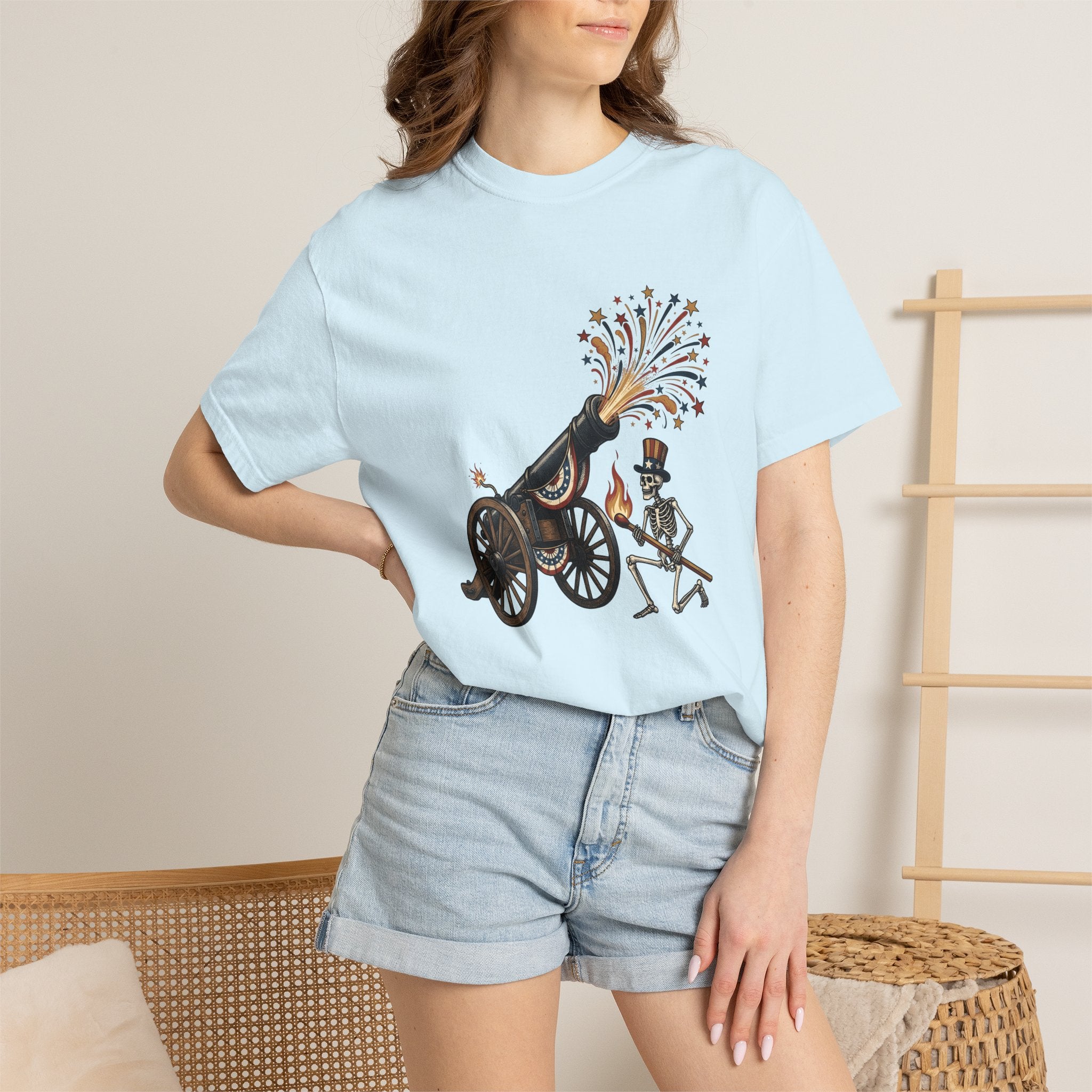 Skeleton Cannon Shirt 4th Of July Patriotic Gift Women Vintage Tee Cannon T-Shirt Independence Day Enthusiast Distressed Tshirt Star