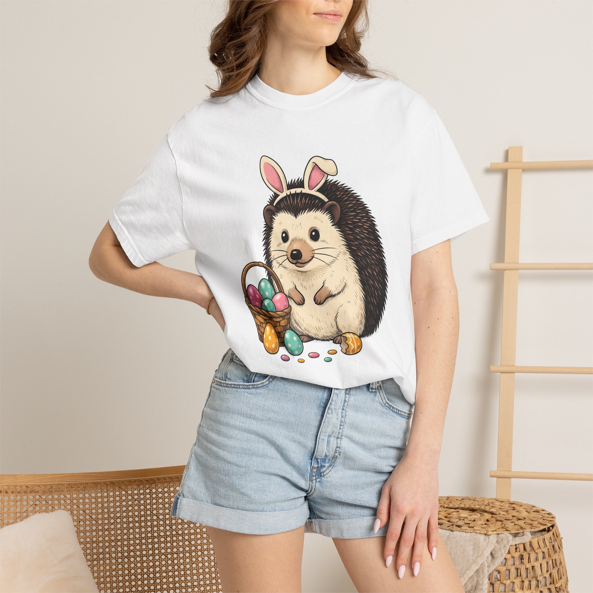 Hedgehog Bunny Ears Shirt Easter Pet Gift Women Kawaii Tee Porcupine T-Shirt Easter Fan Cute Tshirt Animal Graphic Sketch Basket Tshirt