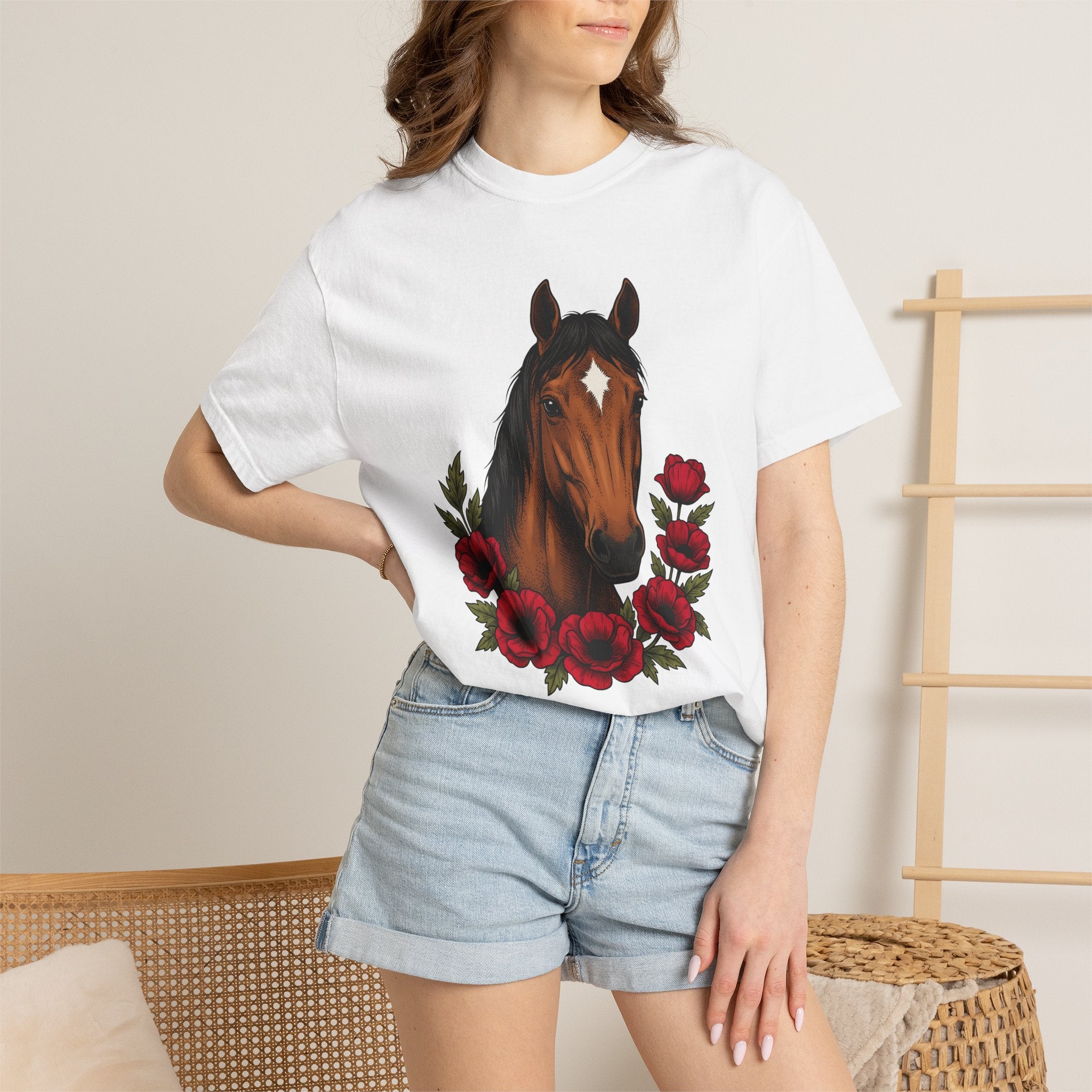 Horse Blossom Shirt Boho Chic Creature Gift Women Tribal Tee Mare T-Shirt Bohemian Fan Ethnic Tshirt Beast Graphic Hand Drawn Poppy Petal