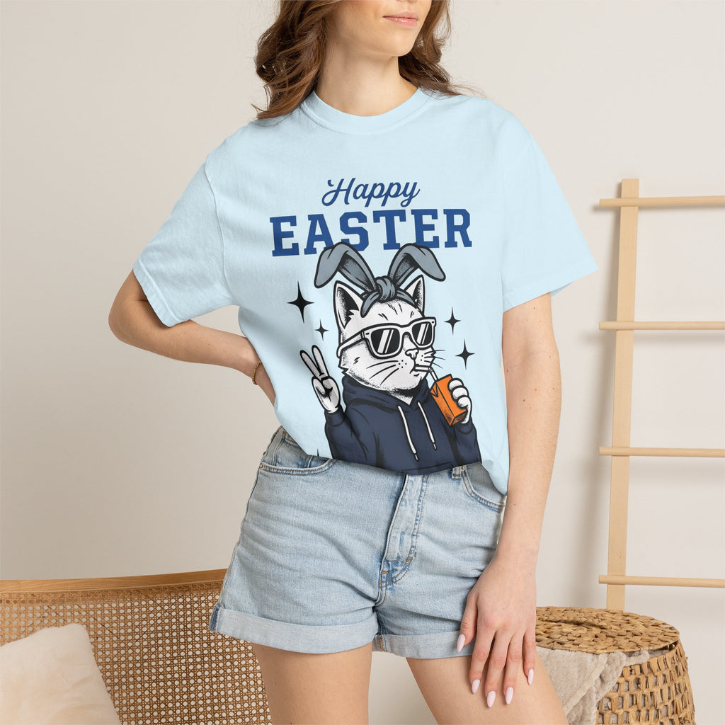 Kitty Bunny Ears Shirt Easter Felines Gift Women Hand Drawn Tee Bunny Ears T-Shirt Easter Fan Cartoon Tshirt Cat Graphic Old School Eyewear
