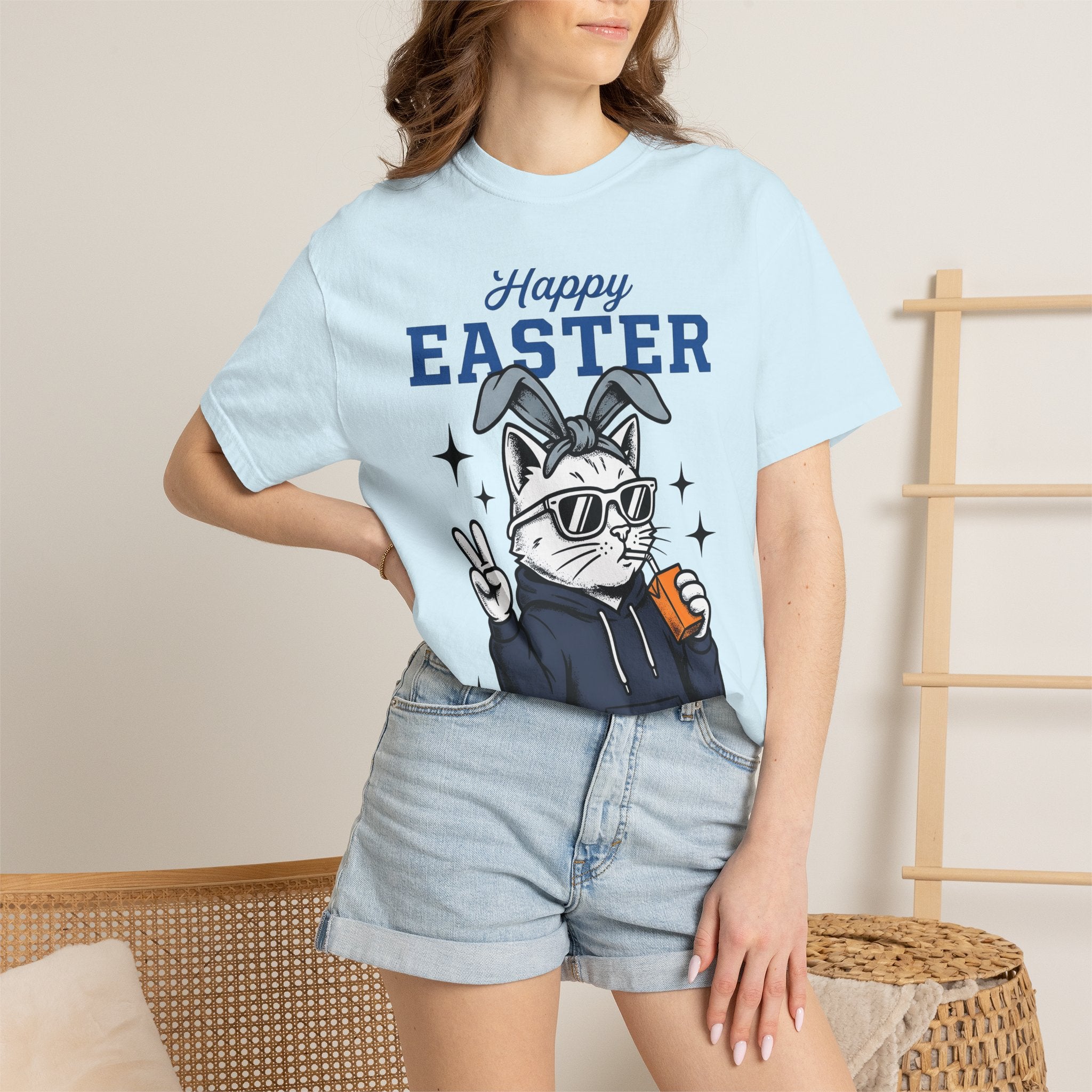 Kitty Bunny Ears Shirt Easter Felines Gift Women Hand Drawn Tee Bunny Ears T-Shirt Easter Fan Cartoon Tshirt Cat Graphic Old School Eyewear