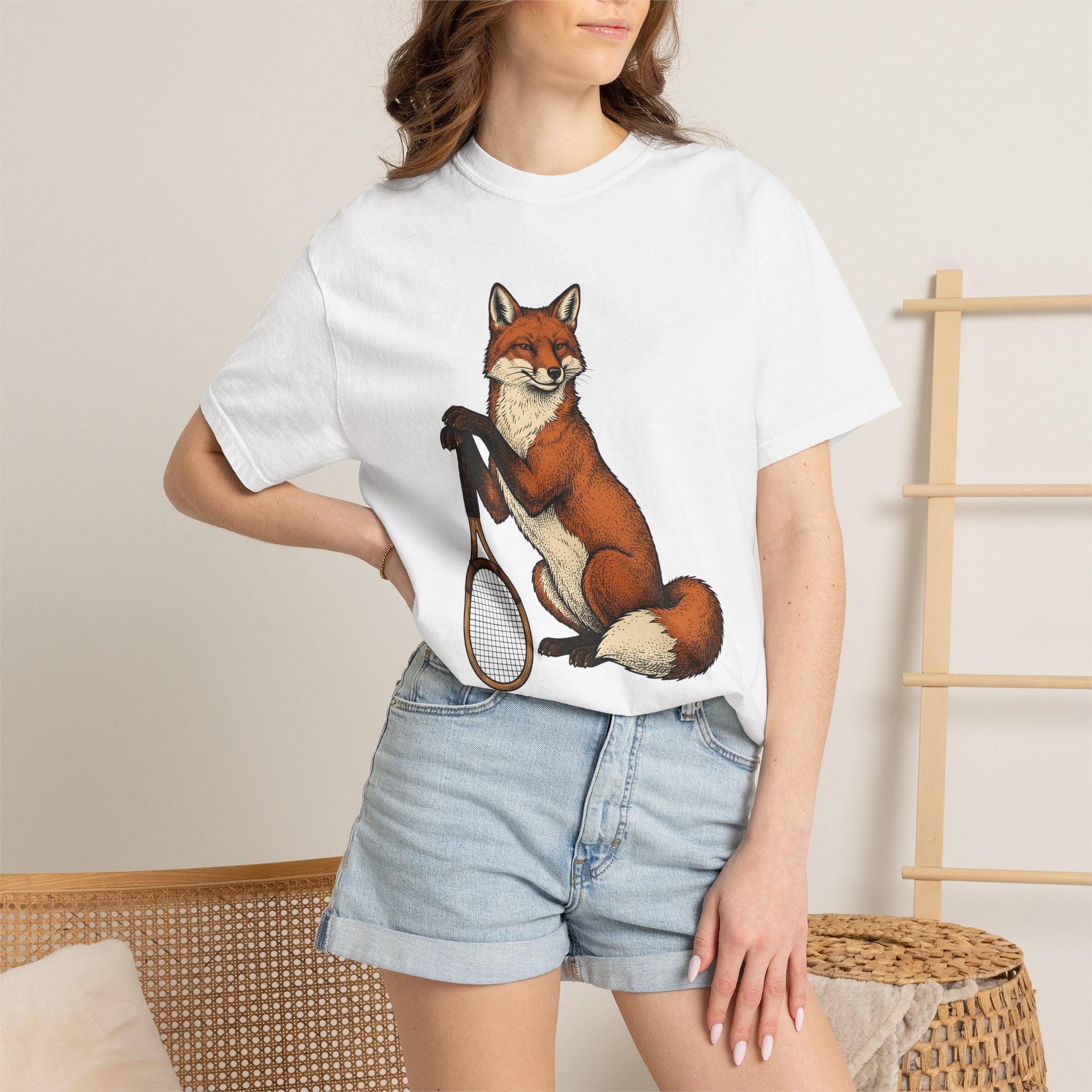 Fox Tennis Racquet Shirt Sports Fauna Gift Women Old School Tee Racquet T-Shirt Athlete Fan Racket Tshirt Wildlife Graphic Doodle Beast