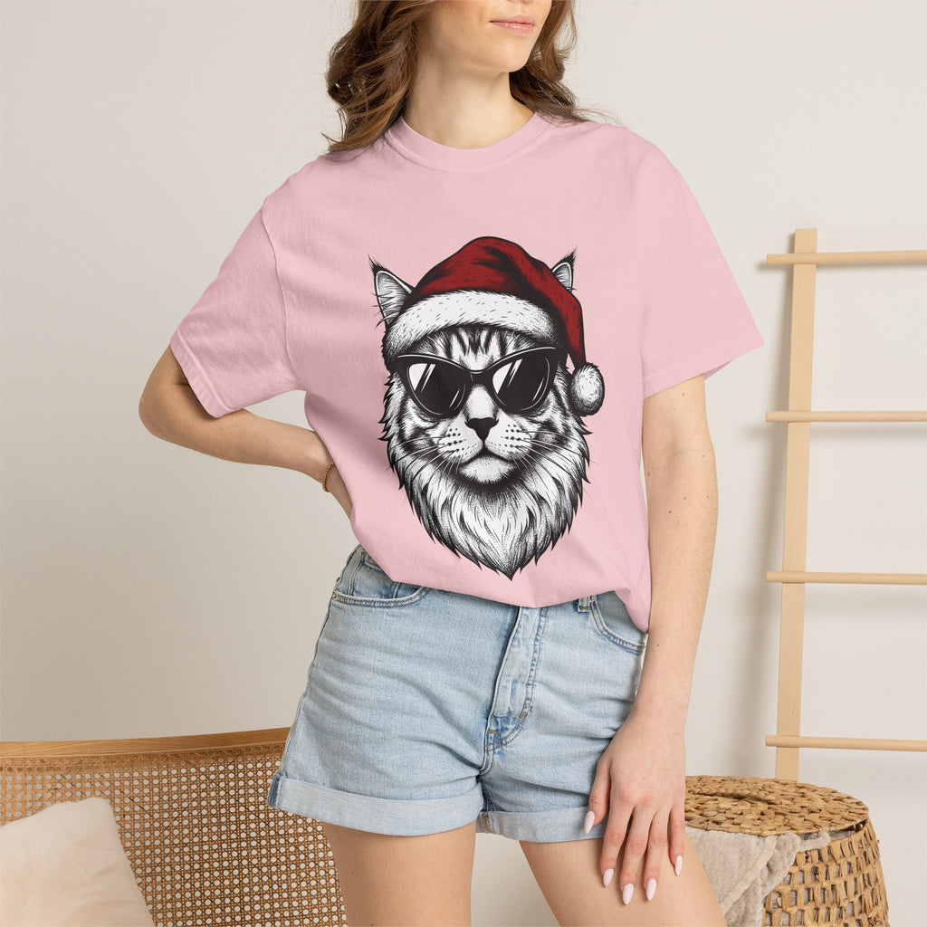 Kitten Santa Hat Shirt Christmas Animal Gift Women Line Art Tee Kitten Santa Hat T-Shirt Christmas Fan Kitty Graphic Cartoon Shades Tshirt