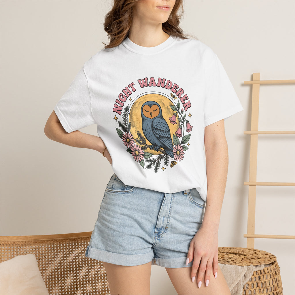 Owl Night Shirt Boho Chic Wilderness Gift Women Classic Tee Owl T-Shirt Hippie Fan Retro Tshirt Nature Graphic Doodle Garden Blooms Tshirt