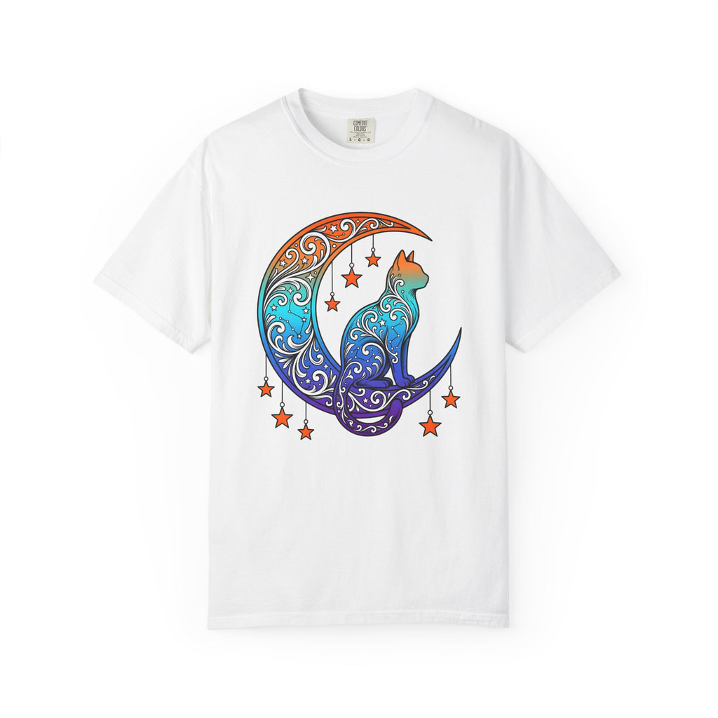 Celestial Cat Shirt Cat Moon Gift Women Boho Tee Kitty T-Shirt Cat Fan Feline Tshirt Lunar Graphic Psychedelic Stars Tshirt