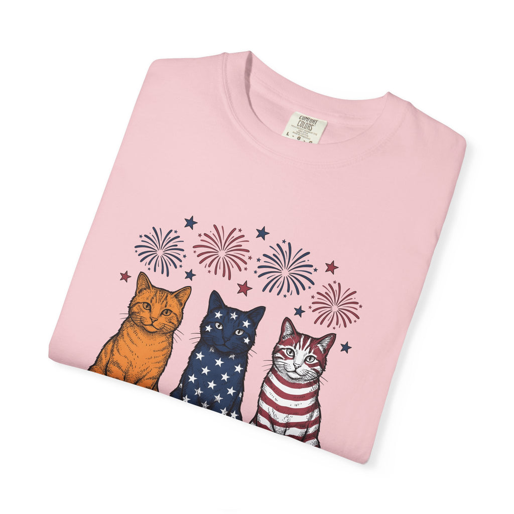 American Cats Shirt 4th Of July Kitten Gift Women Sketch Tee Felines T-Shirt Independence Day Fan Cat Illustration Retro Sparklers Tshirt