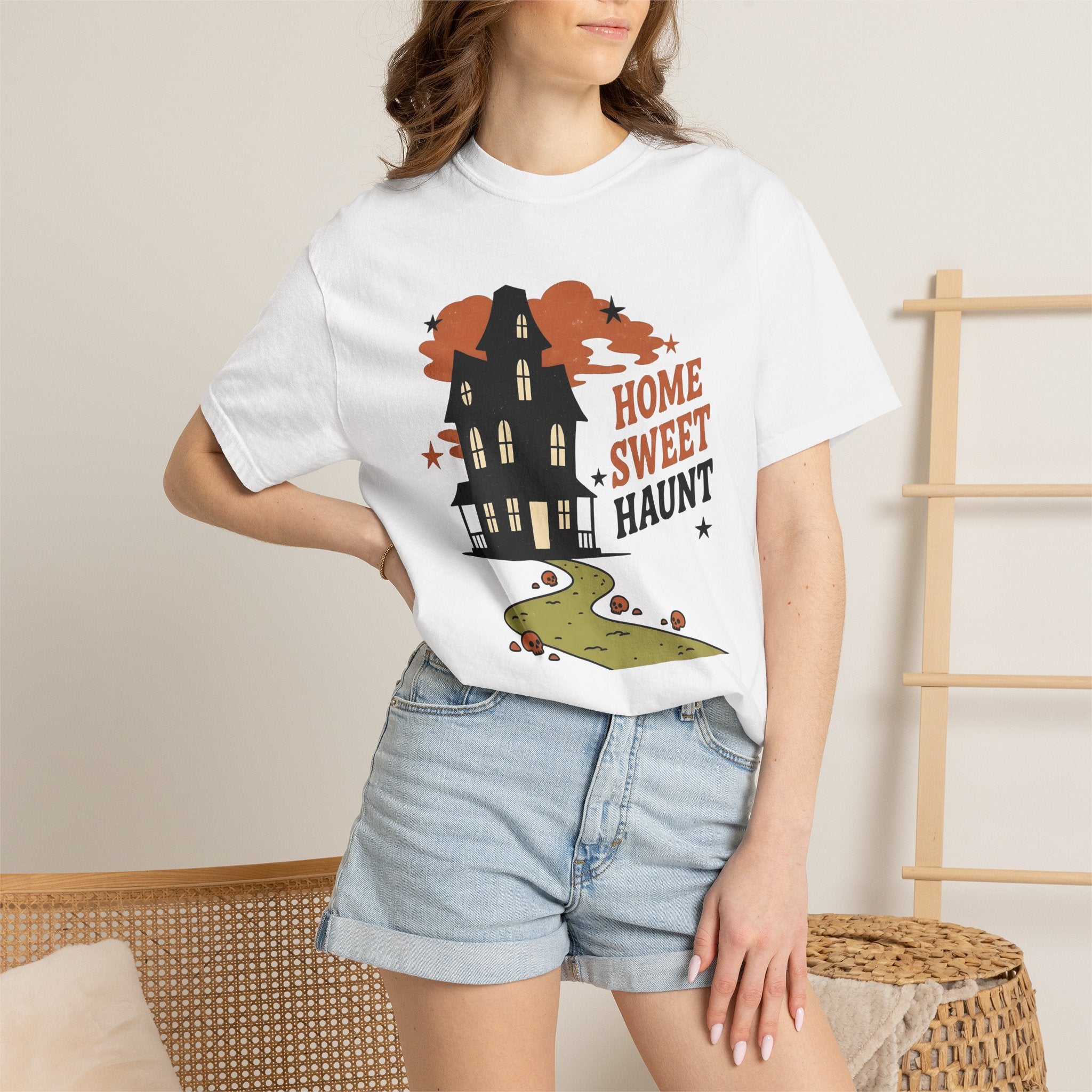 Ghost House Shirt Halloween Monster Gift Women Hand Drawn Tee Haunted House T-Shirt Horror Fan Spooky Tshirt Creature Graphic Sketch Skull