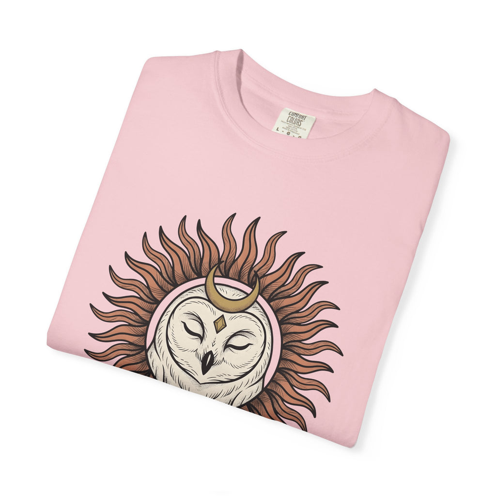 Owl Sun Shirt Boho Chic Magic Gift Women Tribal Tee Hoot T-Shirt Hippie Fan Ethnic Tshirt Mystical Graphic Sketch Crescent Moon Tshirt