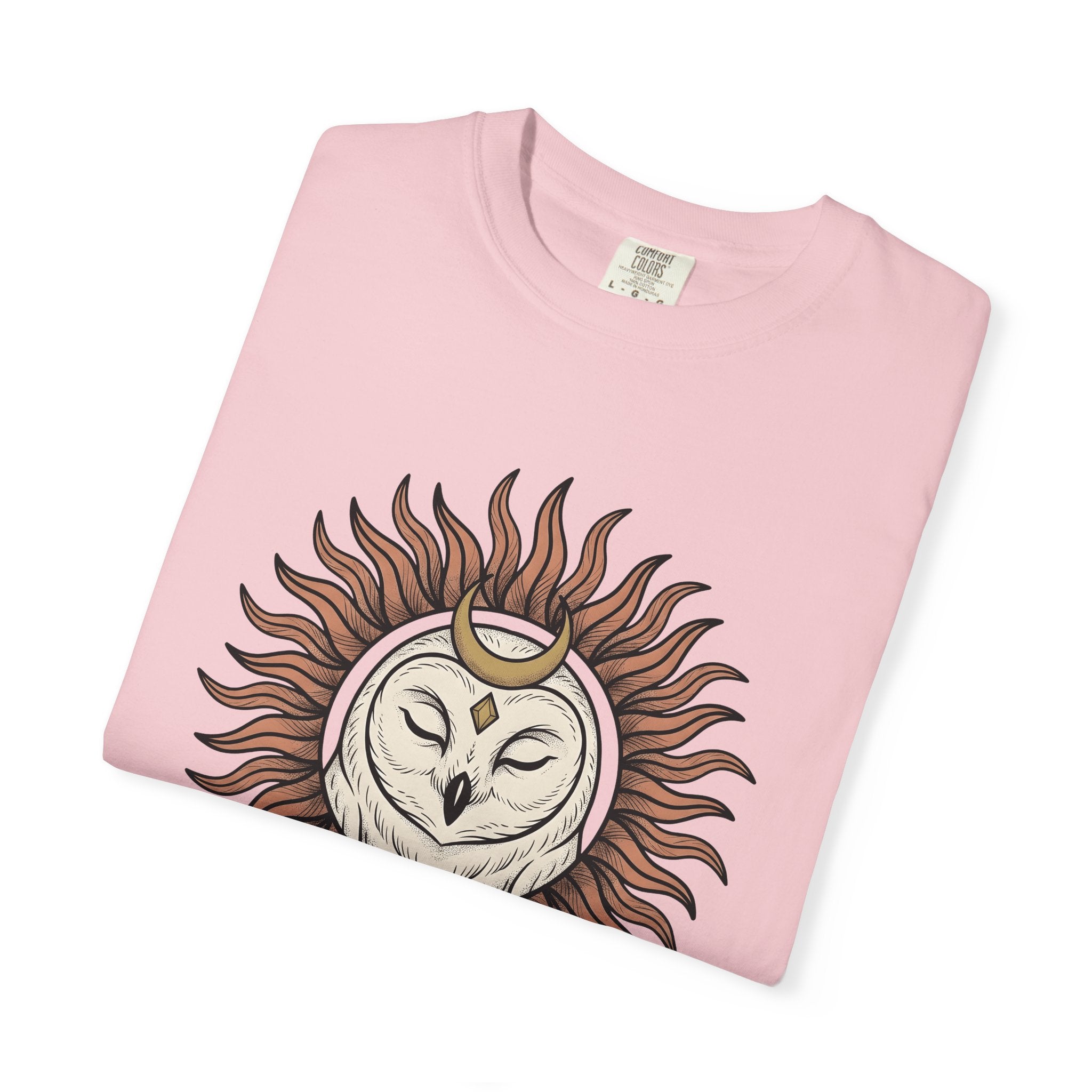 Owl Sun Shirt Boho Chic Magic Gift Women Tribal Tee Hoot T-Shirt Hippie Fan Ethnic Tshirt Mystical Graphic Sketch Crescent Moon Tshirt