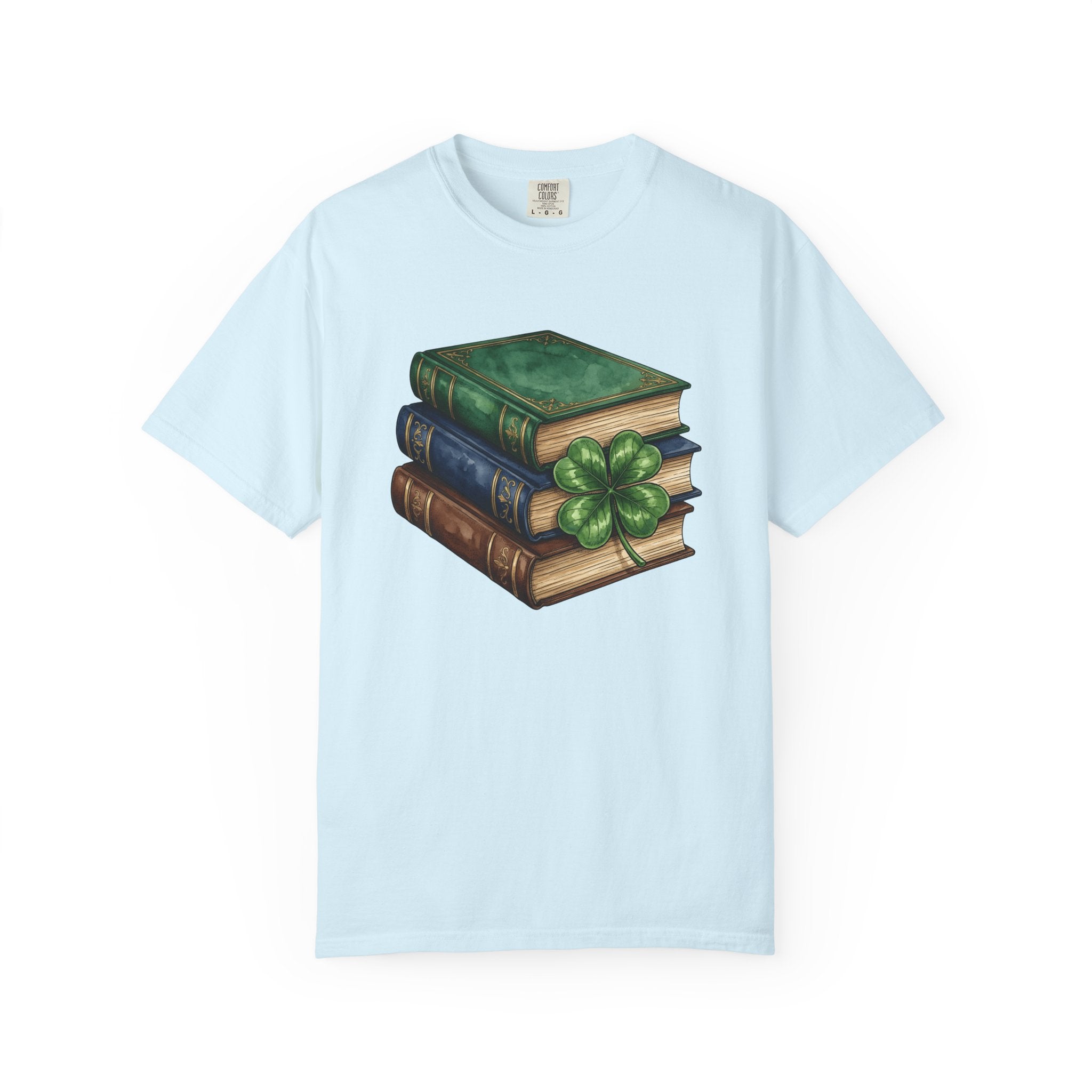 Book Stack Shirt St Patrick's Day Library Gift Women Illustration Tee Bookpile T-Shirt St Patricks Fan Book Art Tshirt Librarian Graphic