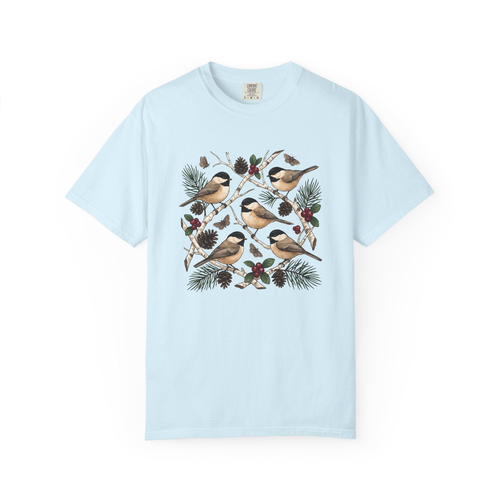 Chickadee Bird Shirt Animals & Flowers Outdoors Gift Women Herbaceous Tee Titmouse T-Shirt Wildlife Enthusiast Botanical Tshirt Nature
