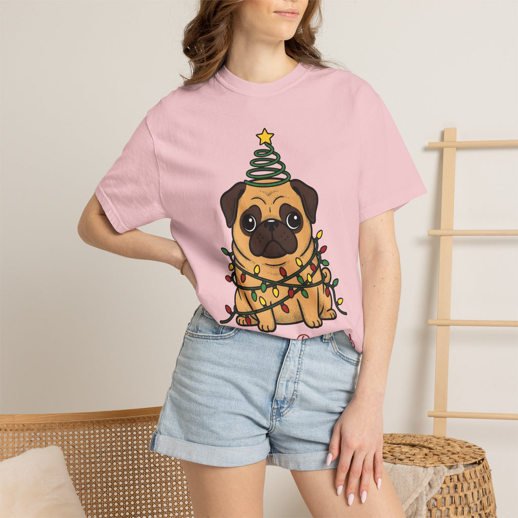 Pug Puppy Shirt Christmas Pet Gift Women Comic Tee Puppy T-Shirt Xmas Fan Cartoon Tshirt Animal Graphic Sketch Holiday Lights Tshirt