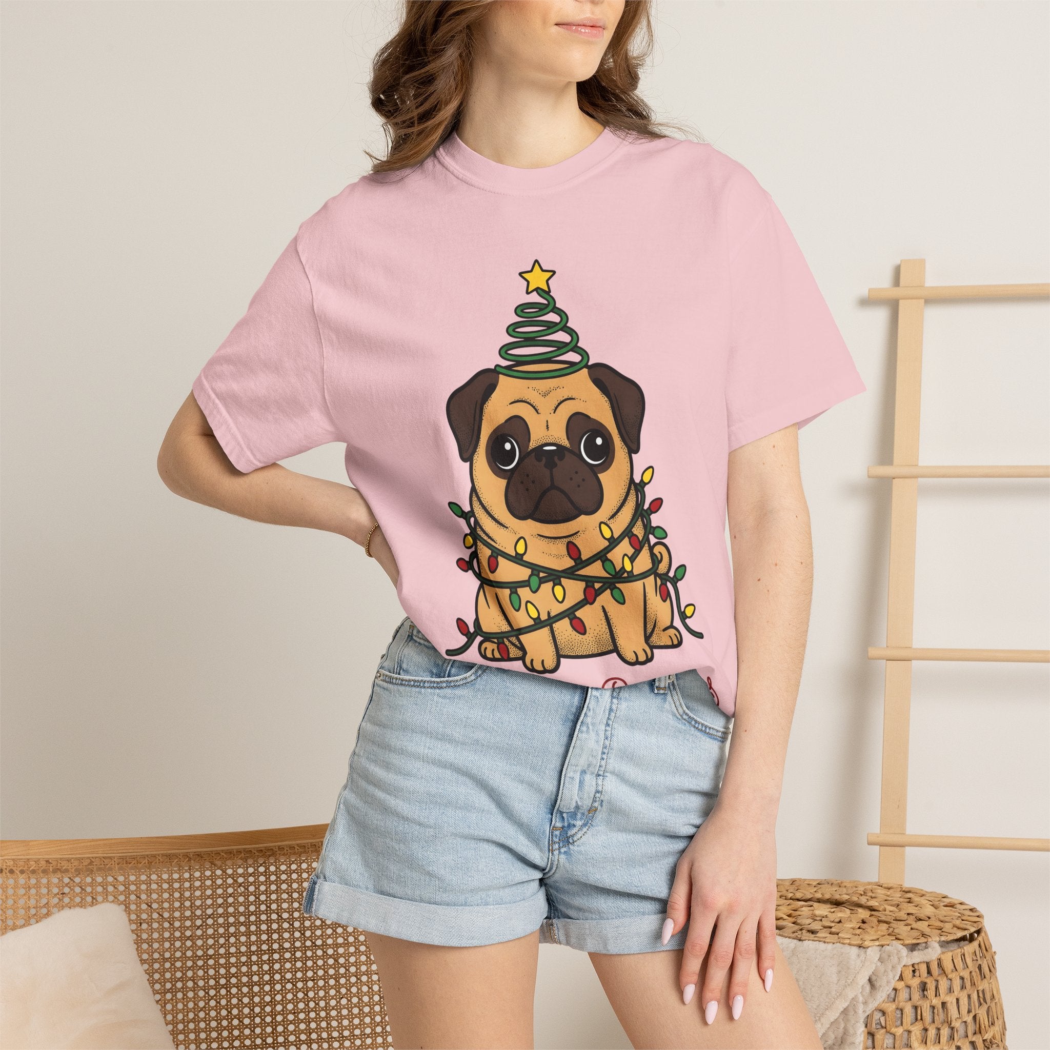 Pug Puppy Shirt Christmas Pet Gift Women Comic Tee Puppy T-Shirt Xmas Fan Cartoon Tshirt Animal Graphic Sketch Holiday Lights Tshirt