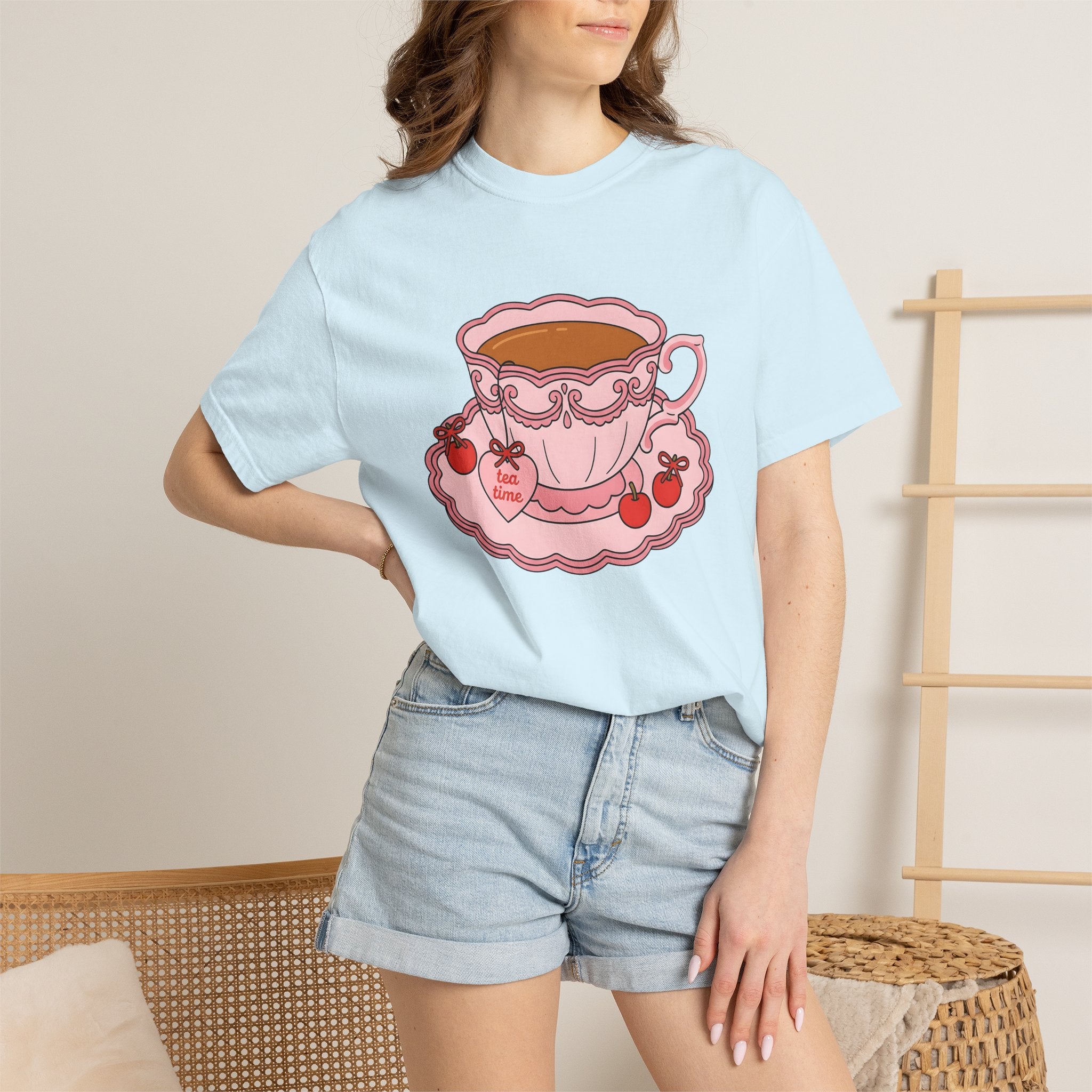 Tea Cup Shirt Tea Foodie Gift Women Kawaii Tee Teacup T-Shirt Tea Fan Cute Tshirt Food Graphic Retro Cherry Tshirt