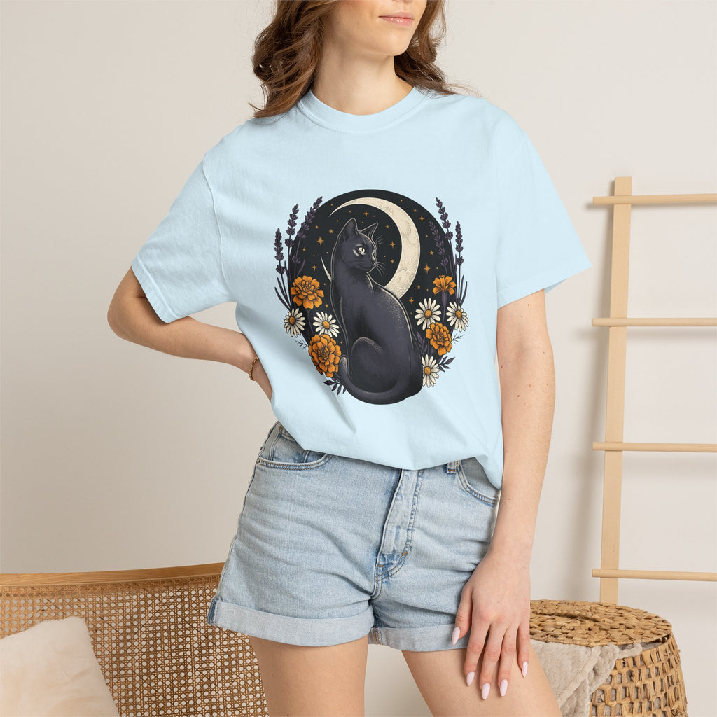 Black Kitten Shirt Cat Flower Gift Women Bohemian Tee Kitten T-Shirt Cat Fan Fauvist Tshirt Floral Graphic Retro Crescent Moon Tshirt