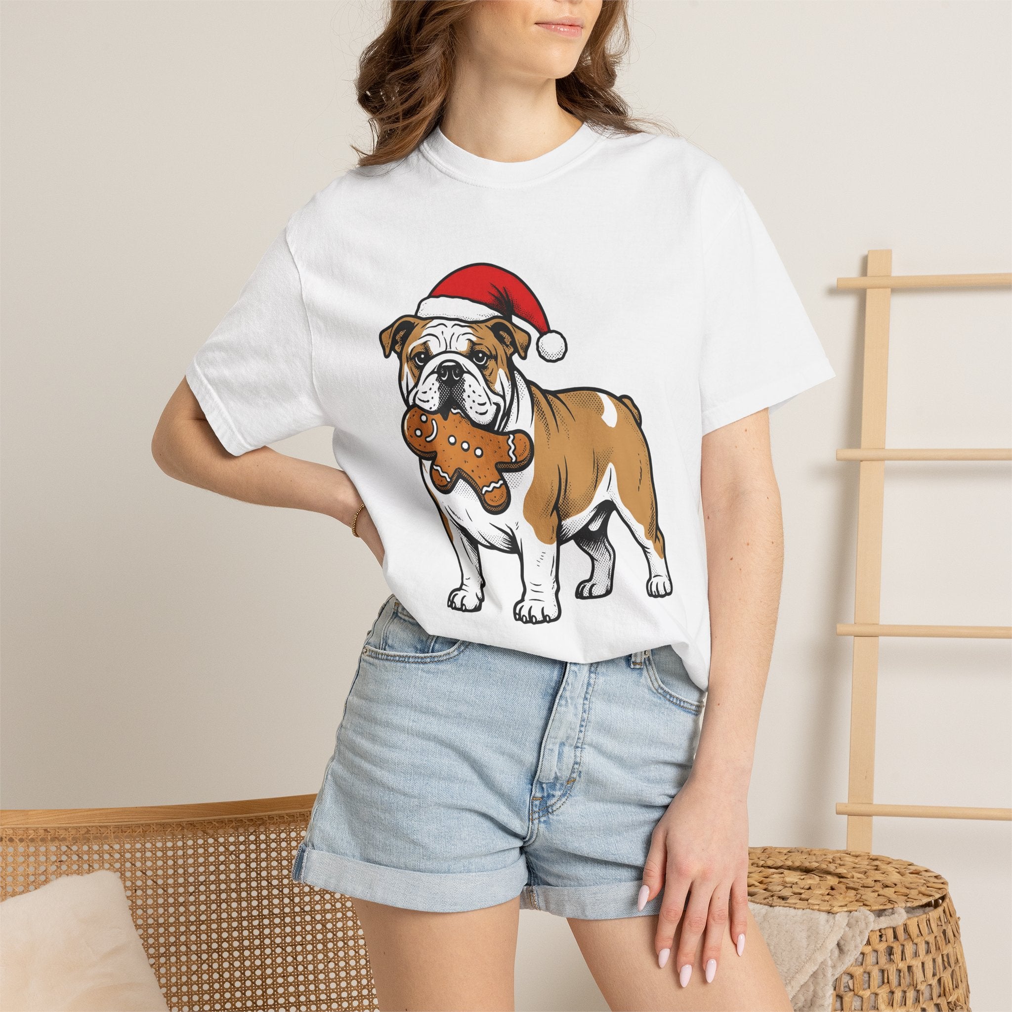 Bulldog Shirt Dog Festive Gift Women Line Art Tee Dog T-Shirt Dog Fan Illustration Graphic Classic Christmas Bonnet Tshirt