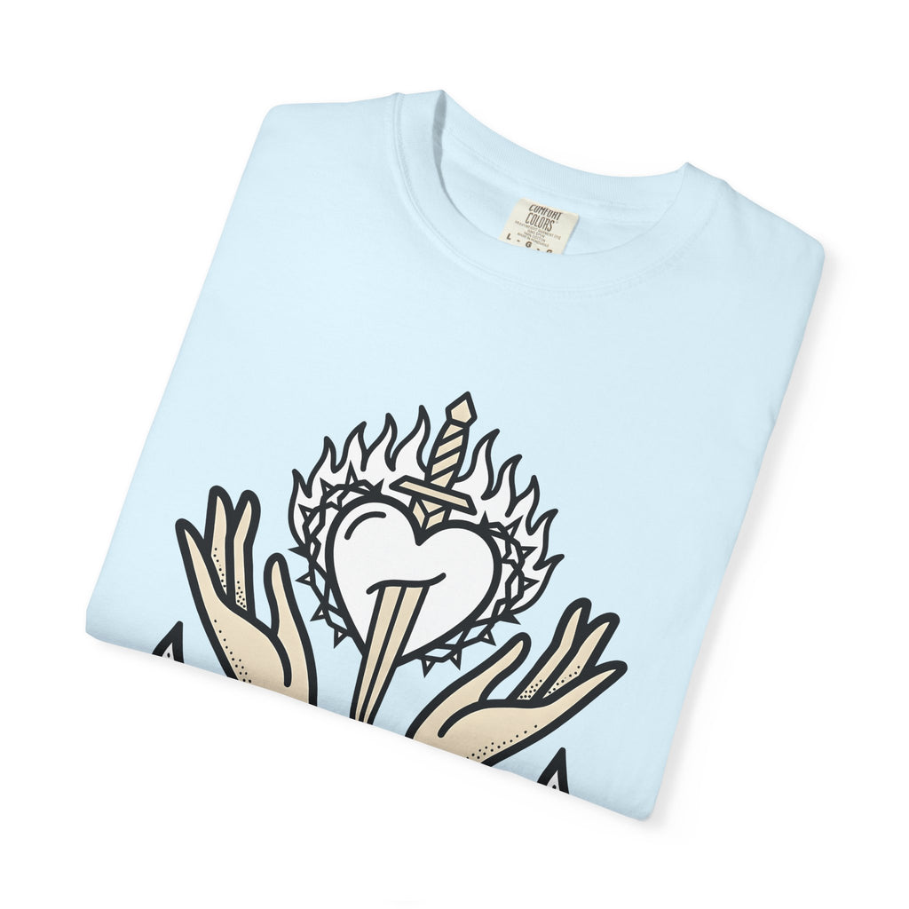 Divine Heart Shirt Boho Chic Mindfulness Gift Women Sketch Tee Sacred Heart T-Shirt Bohemian Enthusiast Drawing Illustration Outline Palms