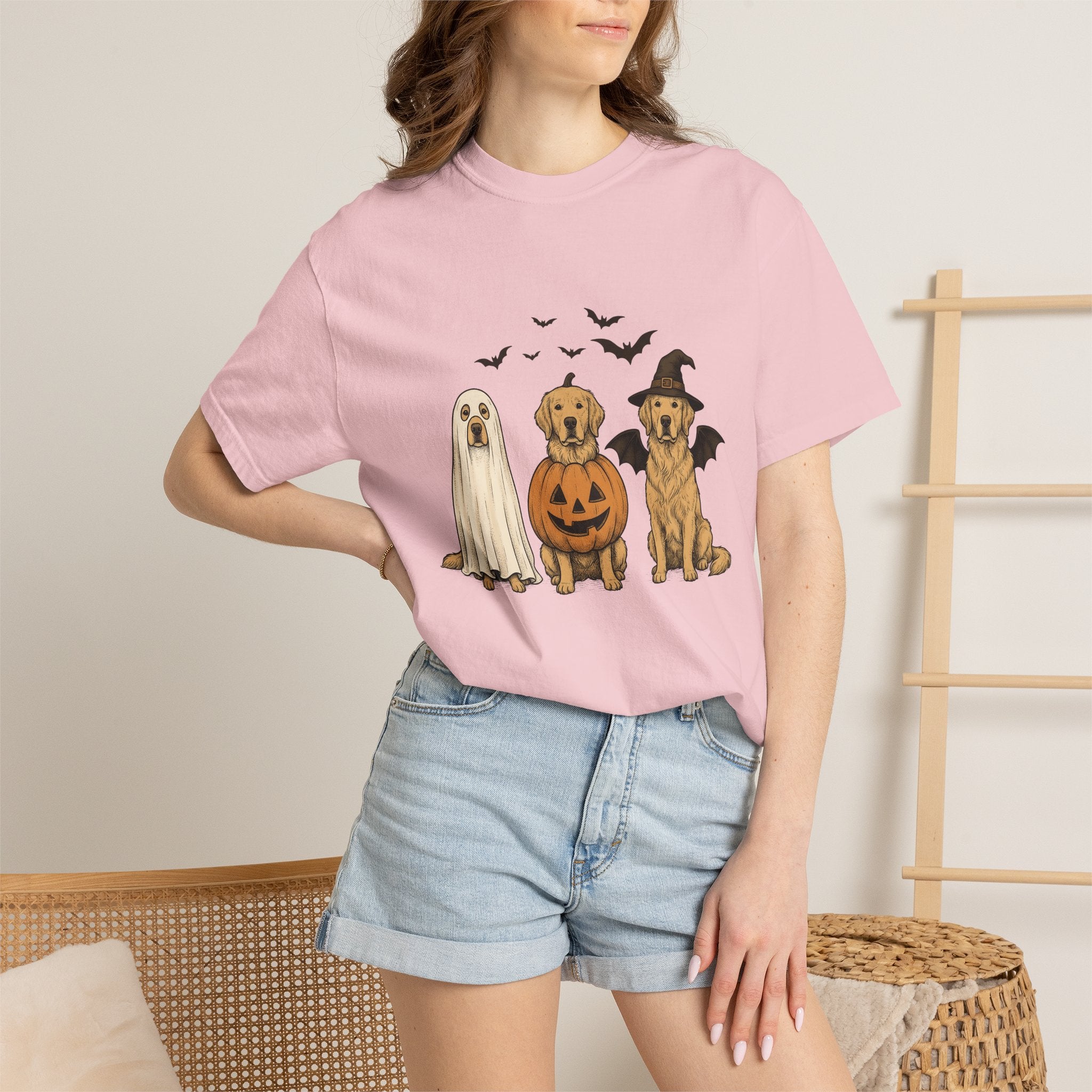 Golden Retriever Puppies Shirt Halloween Pet Gift Women Sketch Tee Puppy T-Shirt Halloween Fan Dog Tshirt Animal Graphic Retro