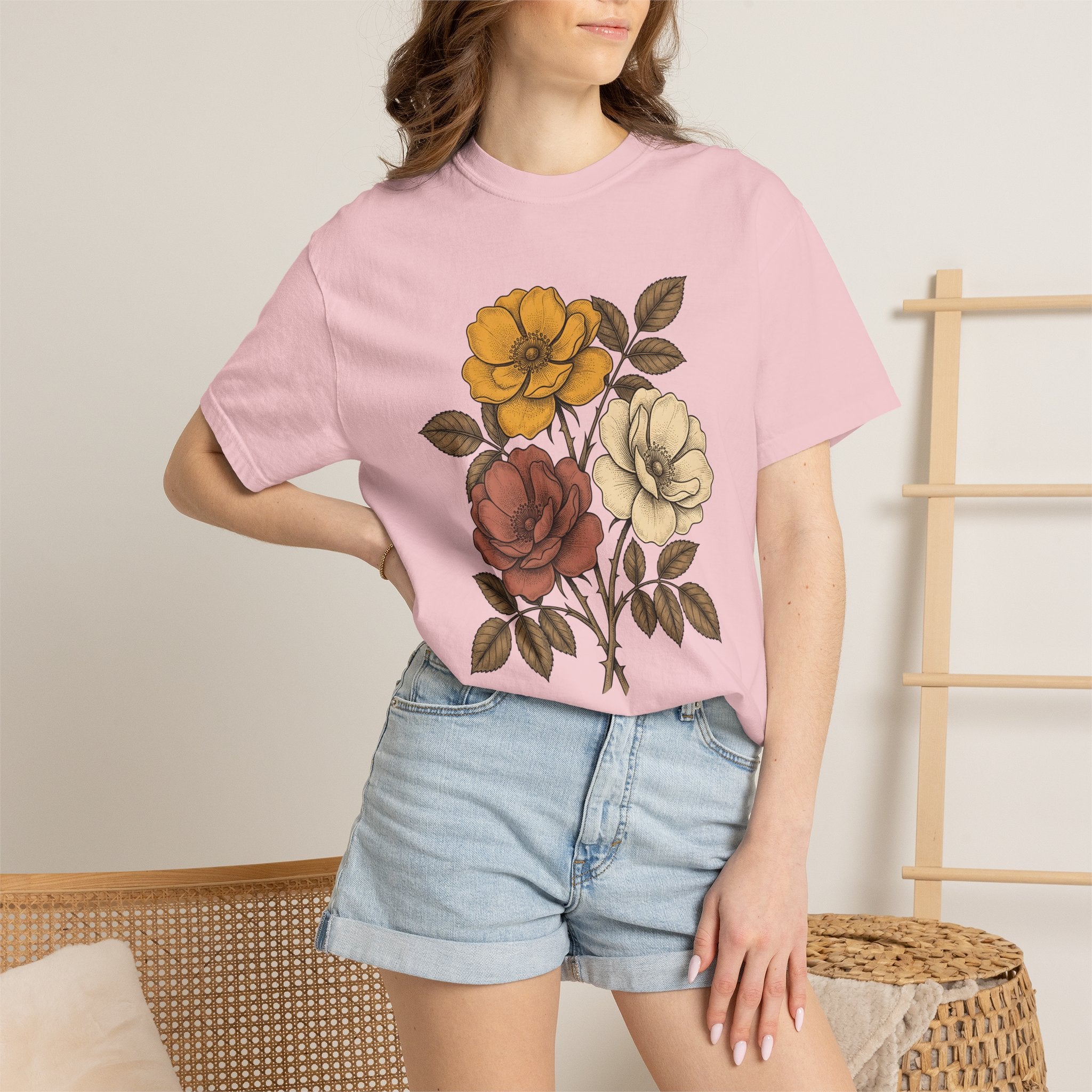 Antique Floral Arrangement Shirt Boho Chic Plants Gift Women Line Art Tee Floral Arrangement T-Shirt Bohemian Enthusiast Illustration Design