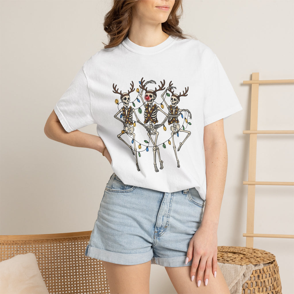 Skull Deer Shirt Christmas Satire Gift Women Animated Tee Antler T-Shirt Xmas Fan Cartoon Tshirt Parody Graphic Sketch Festive Lights Tshirt