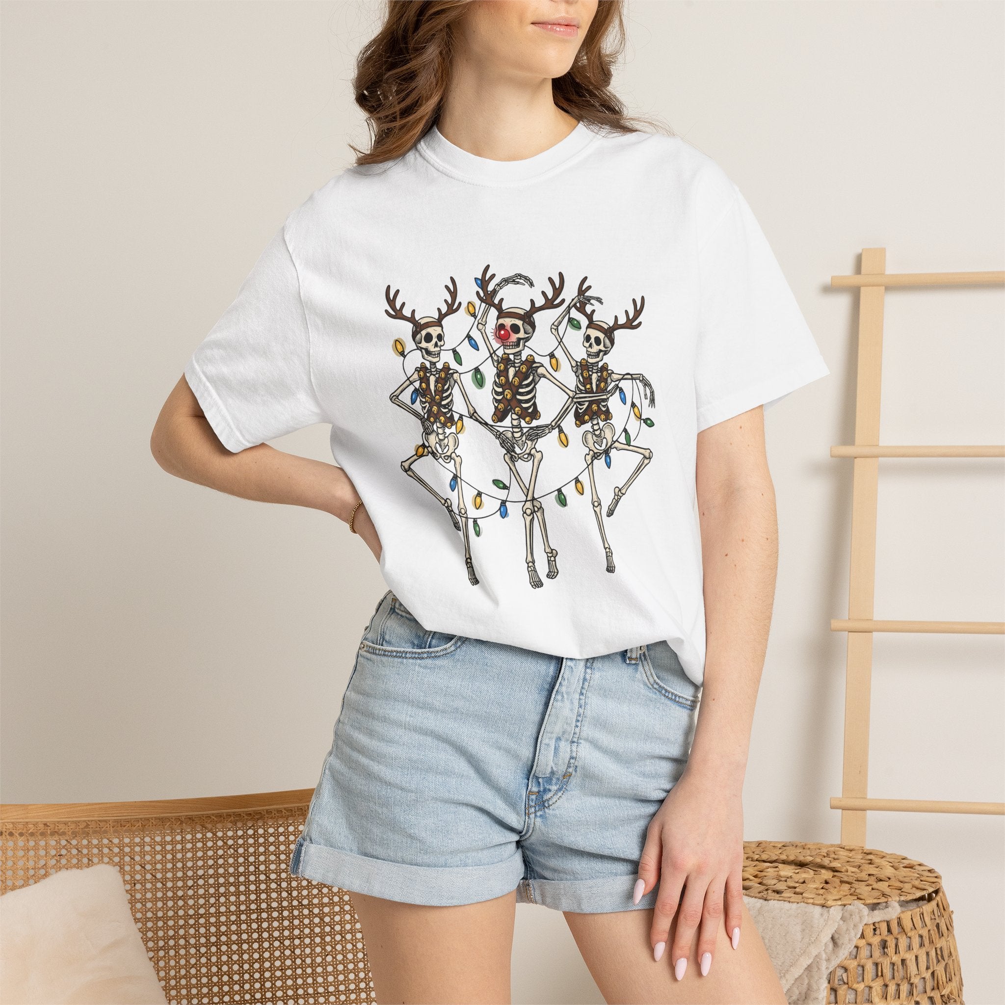 Skull Deer Shirt Christmas Satire Gift Women Animated Tee Antler T-Shirt Xmas Fan Cartoon Tshirt Parody Graphic Sketch Festive Lights Tshirt