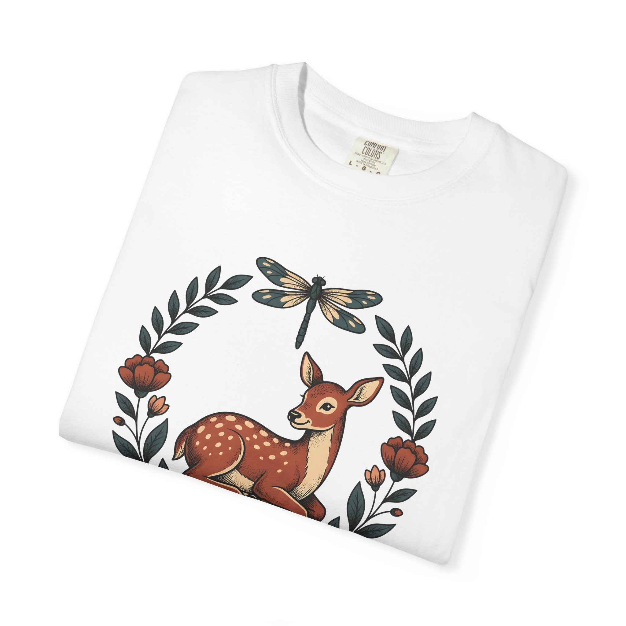 Young Deer Art Shirt Animals Fauna Gift Women Plant Tee Fawn T-Shirt Wildlife Fan Botanical Tshirt Wildlife Graphic Sketch Winged Insect